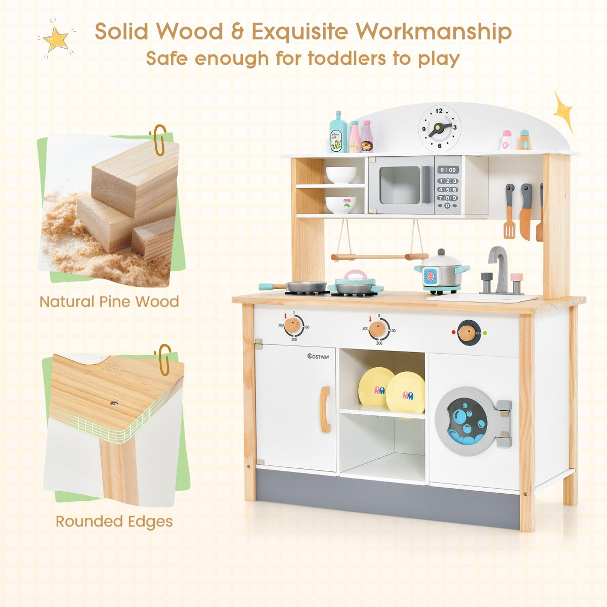 Kids Wooden Kitchen Playset with Microwave & Washing Machine