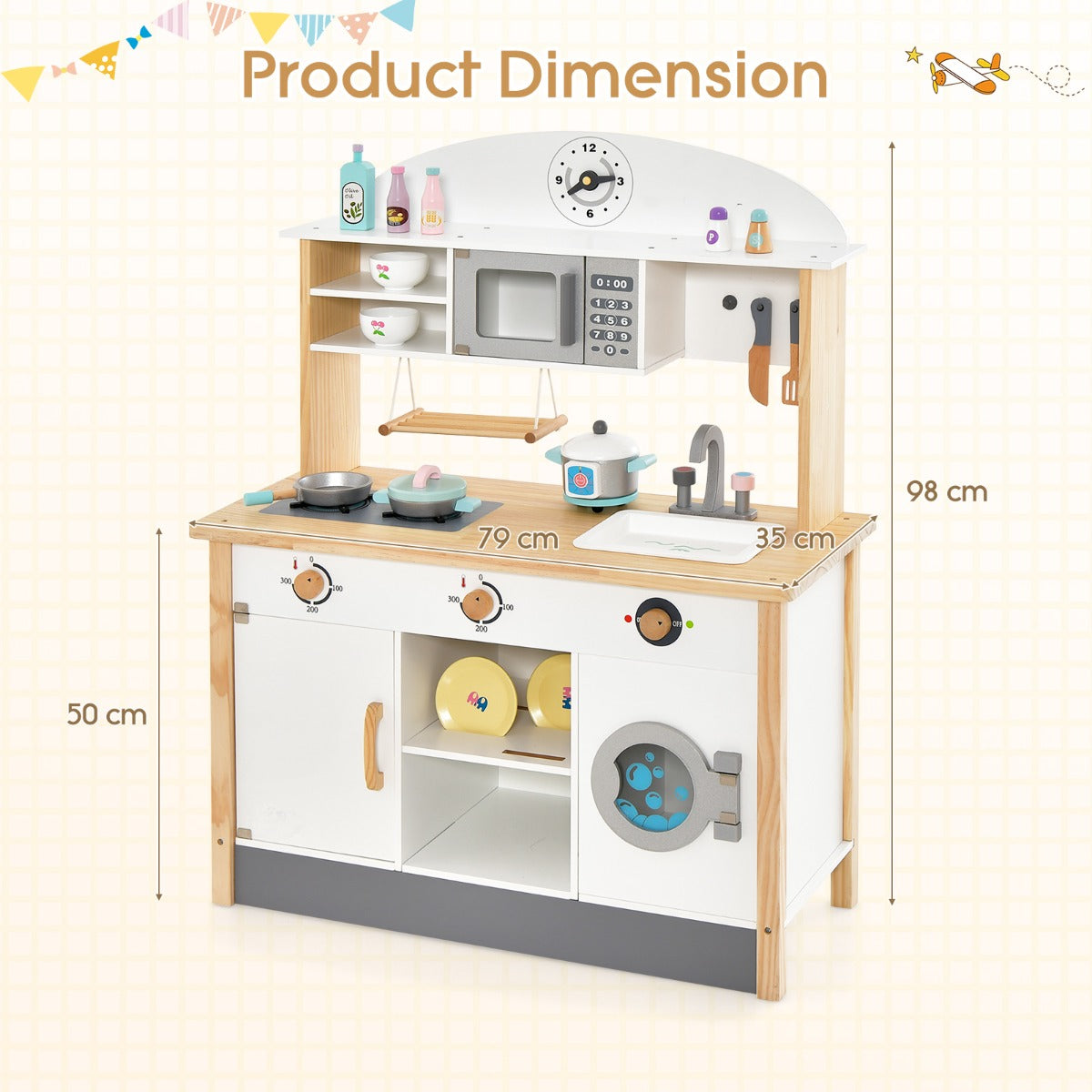 Kids Wooden Kitchen Playset with Microwave & Washing Machine