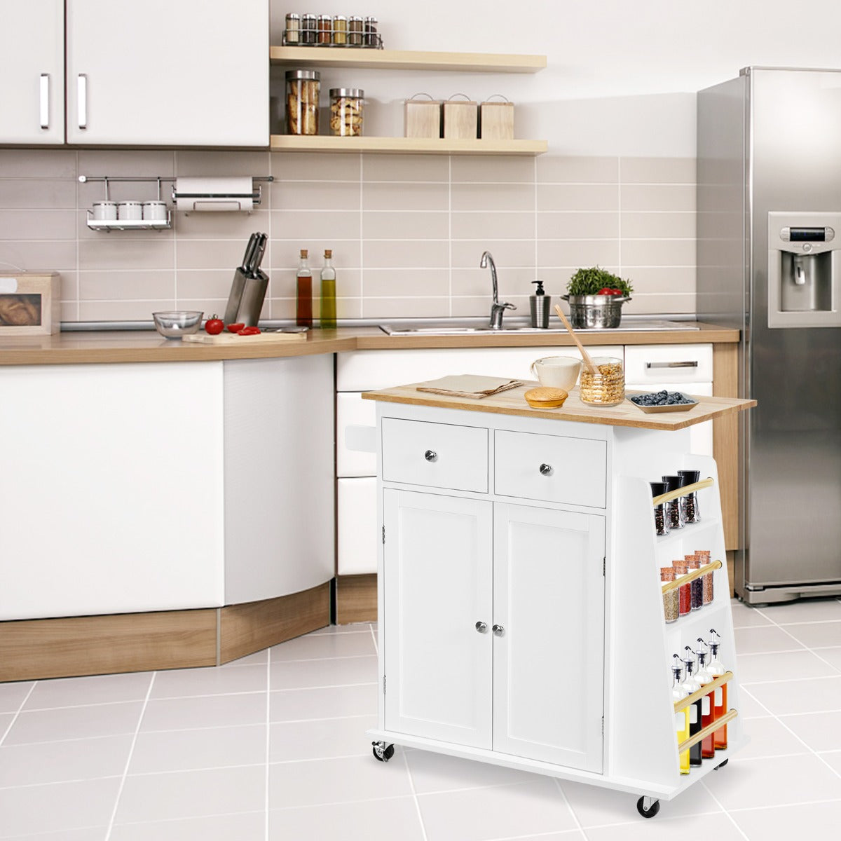 Kitchen Island with Rubber Wood Countertop and Adjustable Shelf