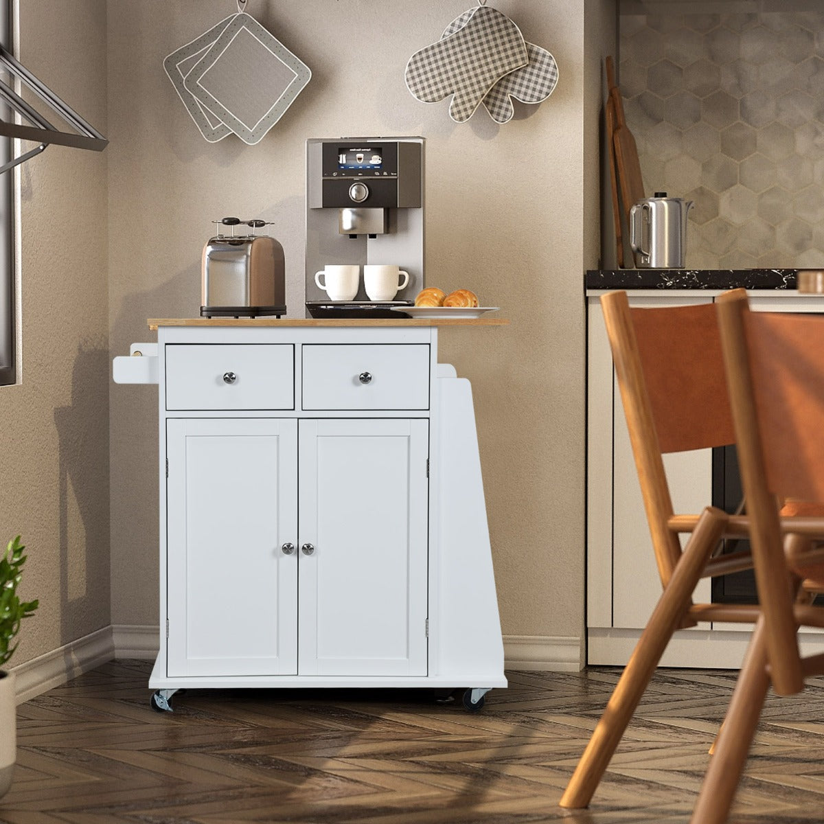 Kitchen Island with Rubber Wood Countertop and Adjustable Shelf