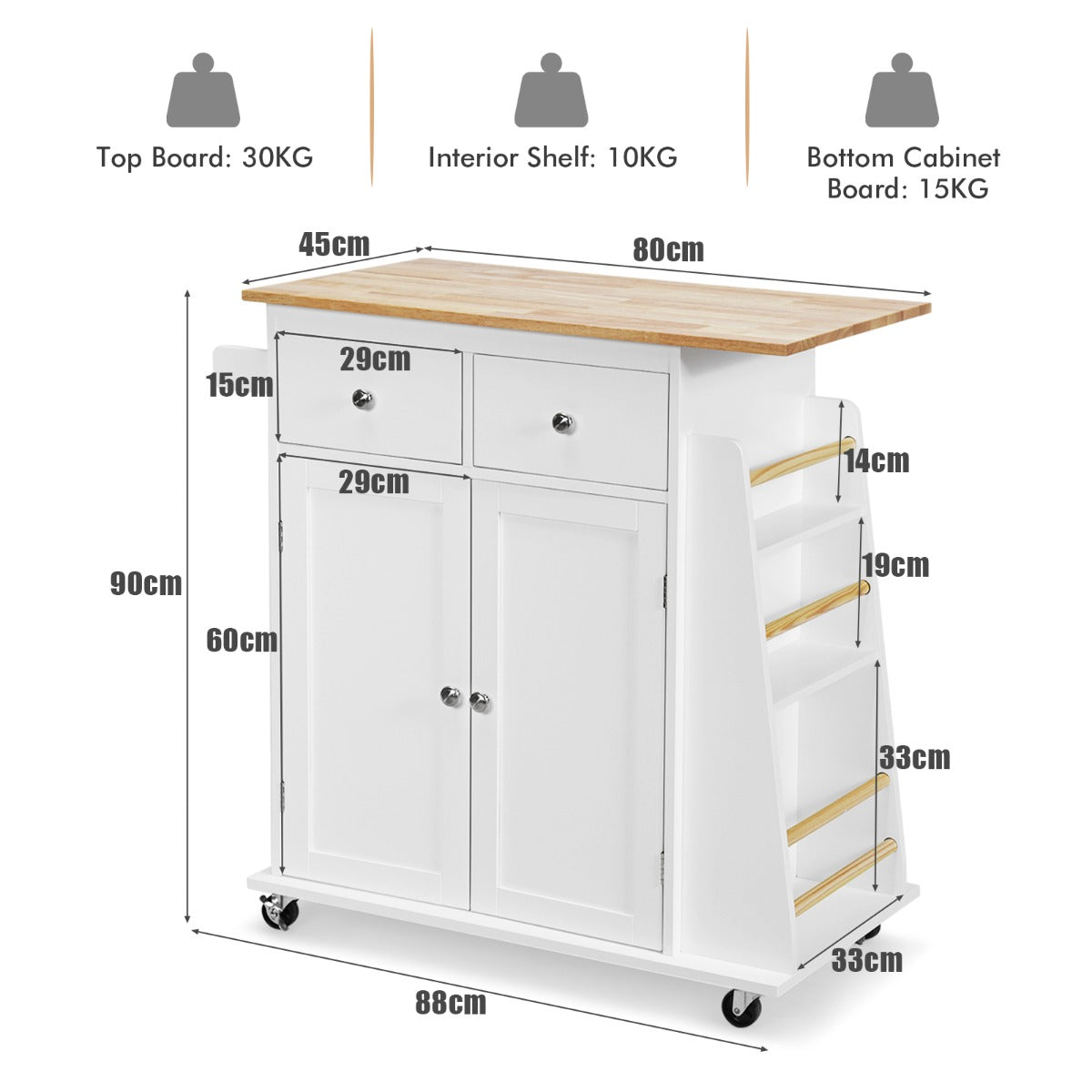 Kitchen Island with Rubber Wood Countertop and Adjustable Shelf