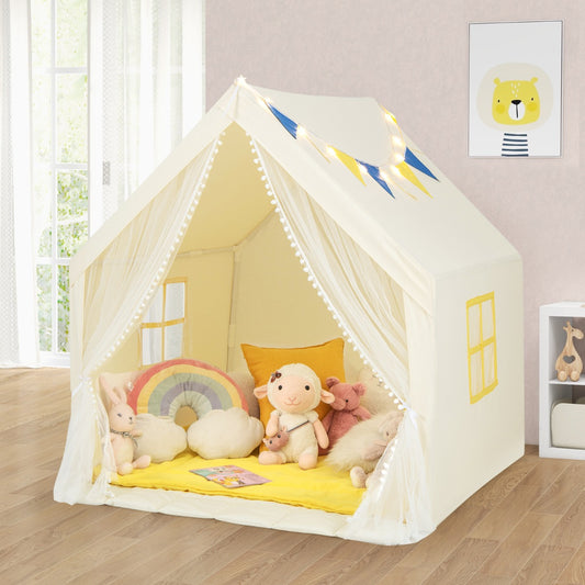 Large Play Tent with Washable Cotton Mat and Star Lights for Kids