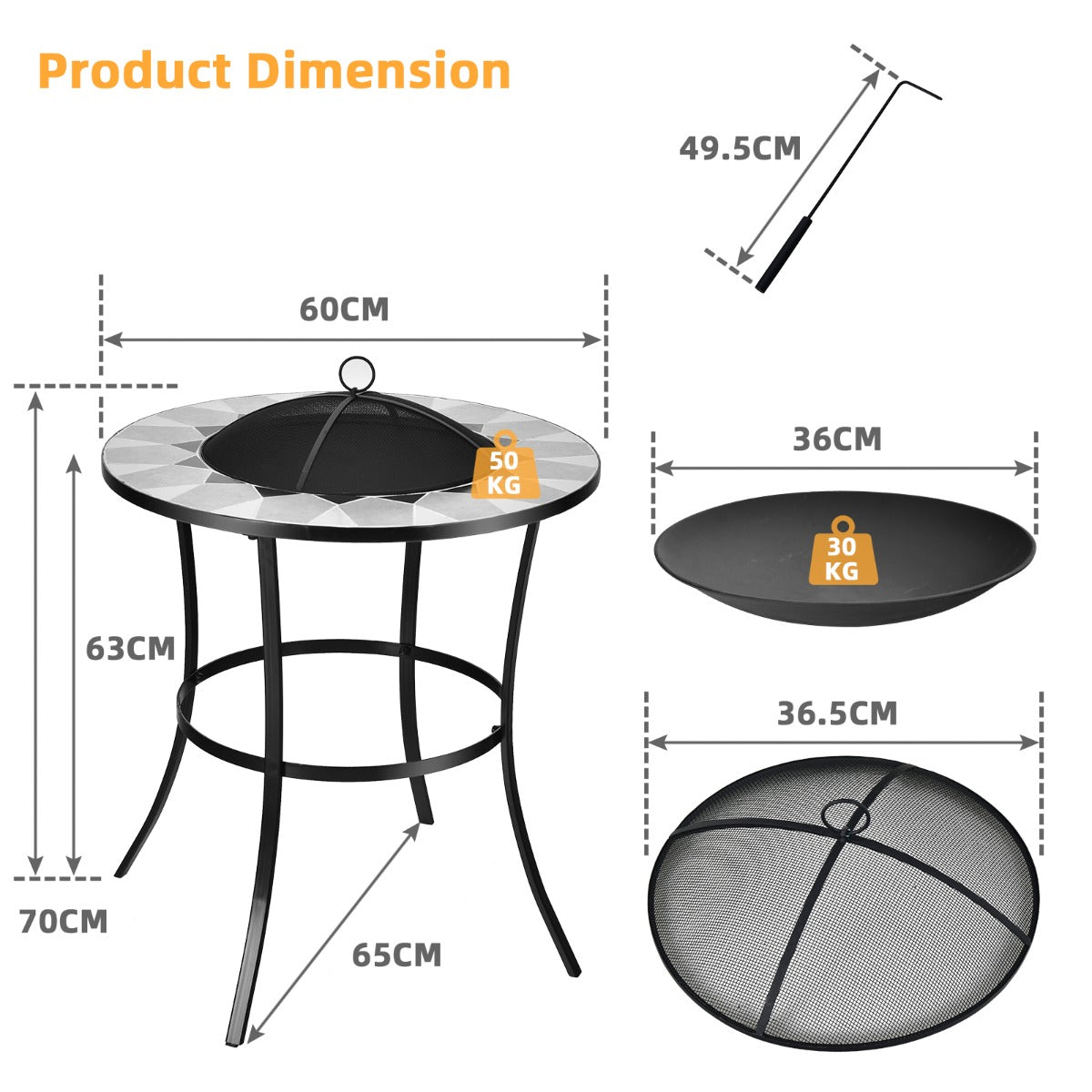 Outdoor Round Fire Pit Table with Mesh Screen Lid and Fire Poker