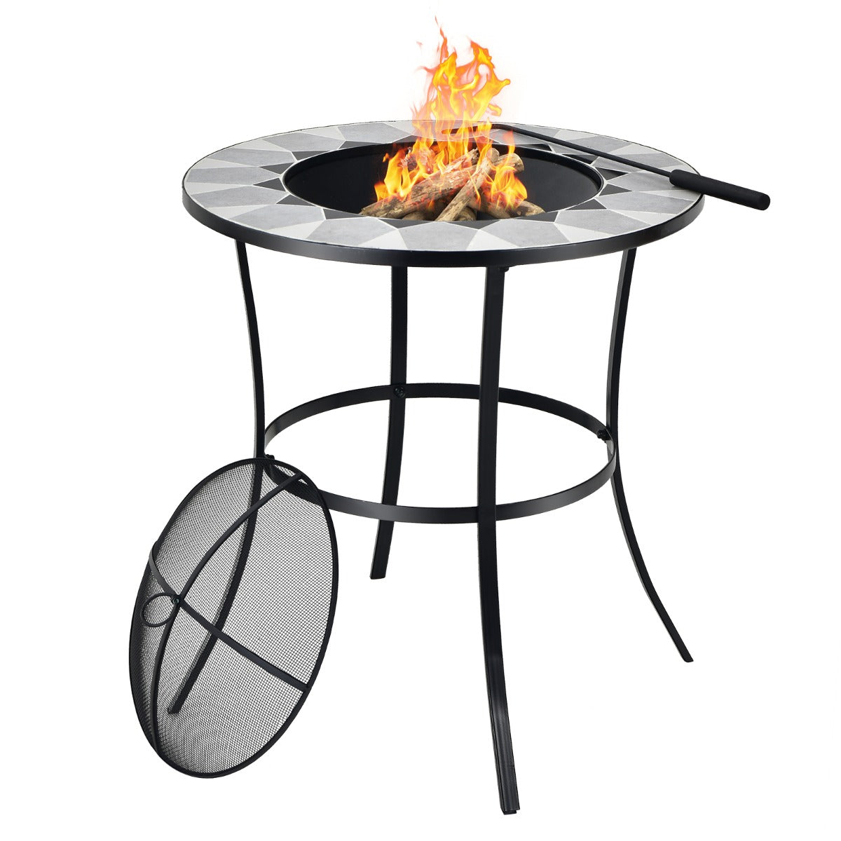 Outdoor Round Fire Pit Table with Mesh Screen Lid and Fire Poker