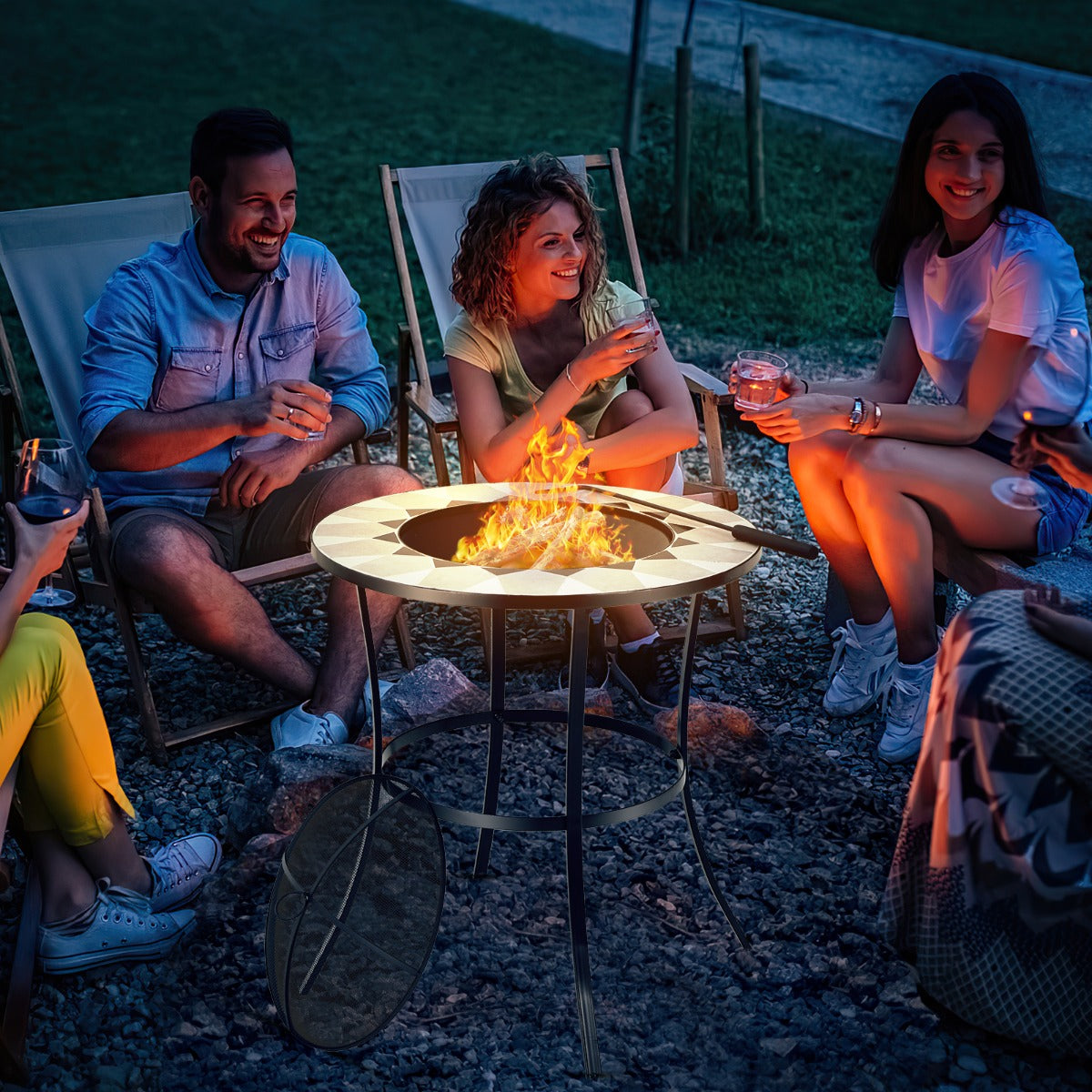 Outdoor Round Fire Pit Table with Mesh Screen Lid and Fire Poker