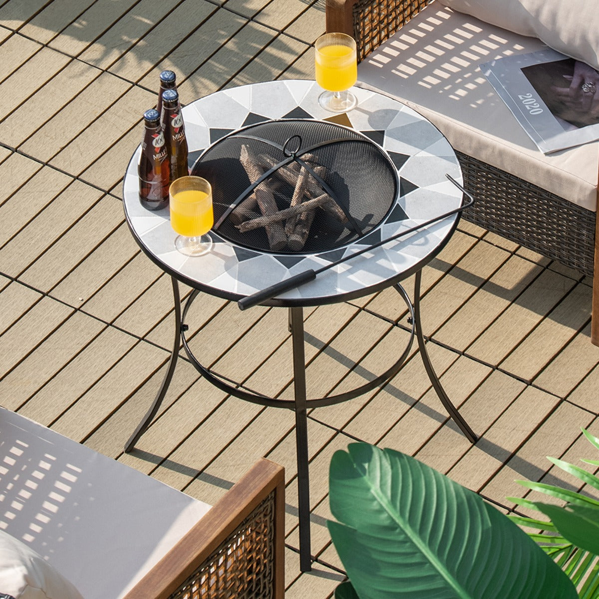 Outdoor Round Fire Pit Table with Mesh Screen Lid and Fire Poker