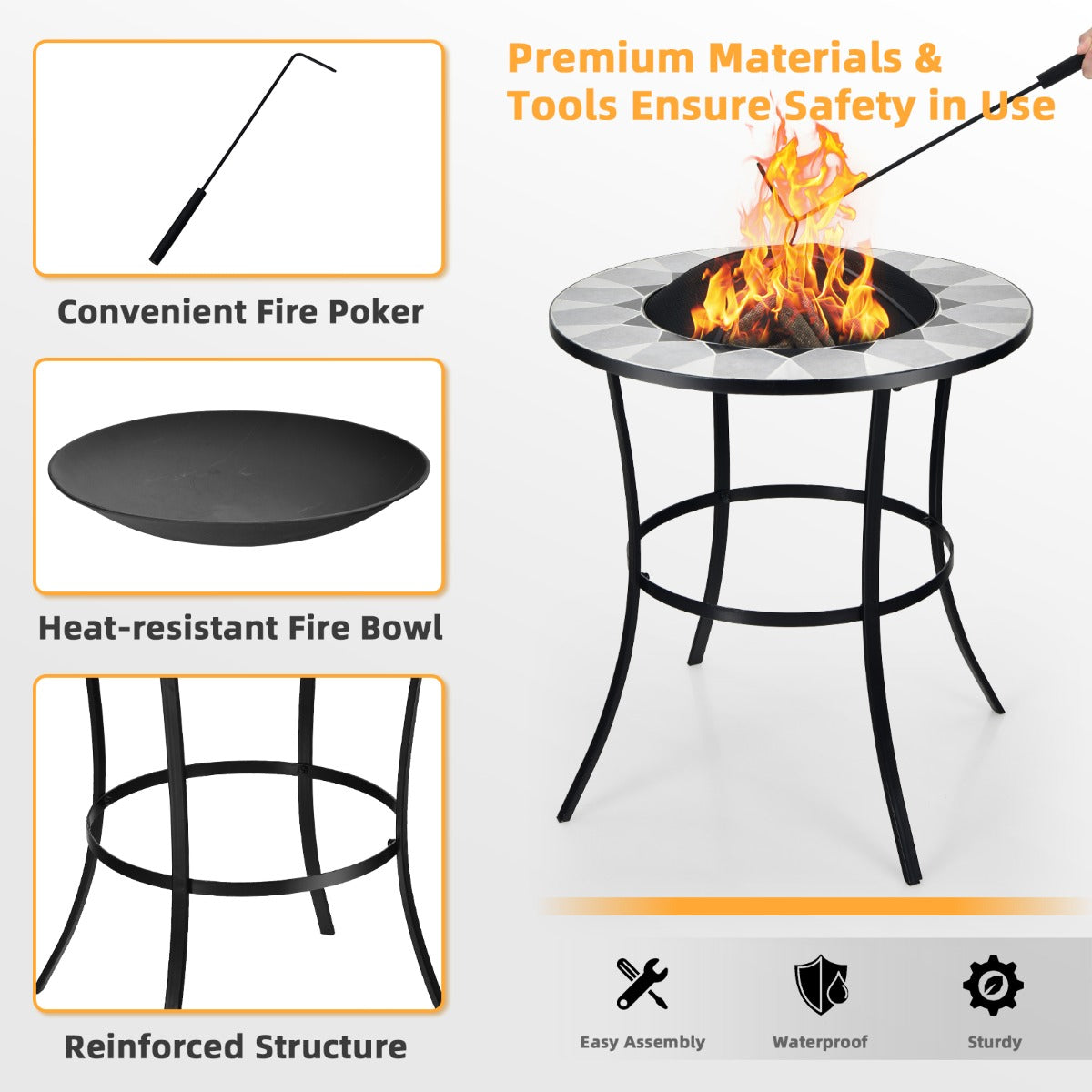 Outdoor Round Fire Pit Table with Mesh Screen Lid and Fire Poker