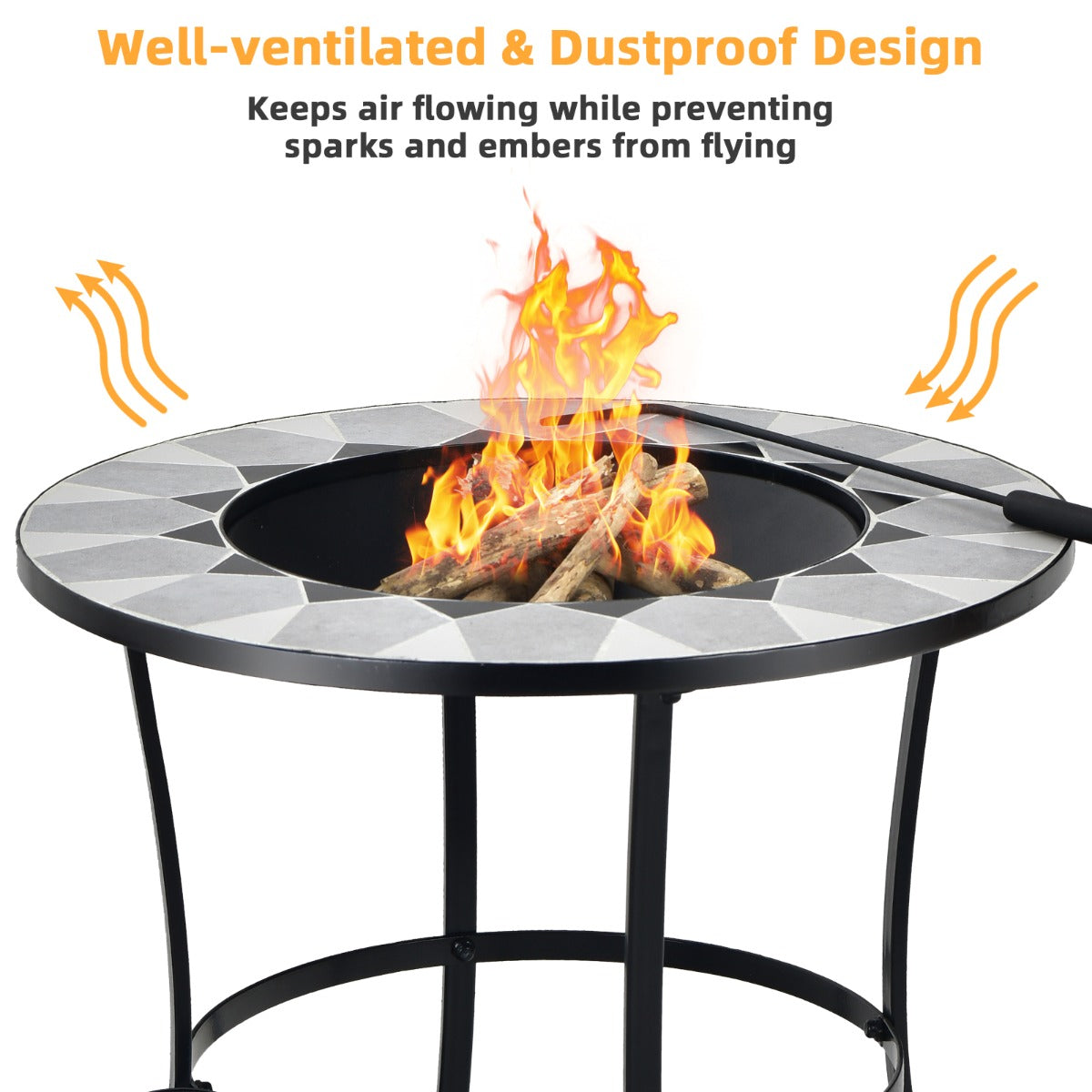 Outdoor Round Fire Pit Table with Mesh Screen Lid and Fire Poker