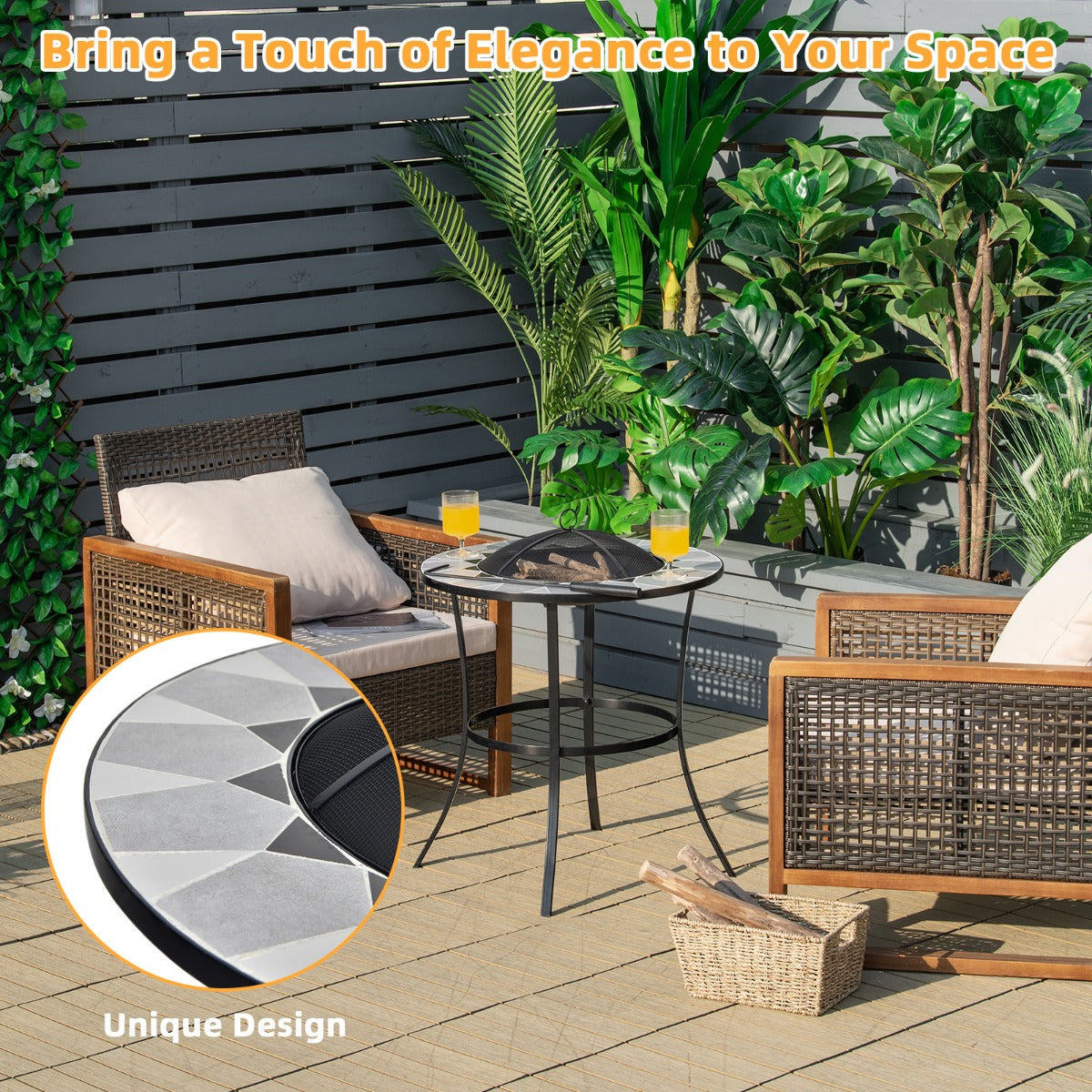 Outdoor Round Fire Pit Table with Mesh Screen Lid and Fire Poker