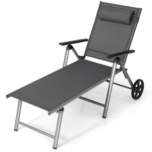 Outdoor Aluminum Chaise Lounge Chair with Wheels and Adjustable Backrest for Patio