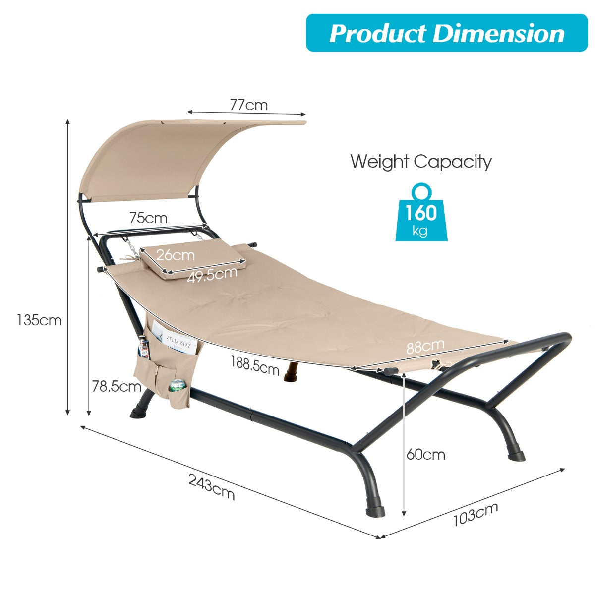 Patio Hanging Chaise Lounge Chair with Storage Bag