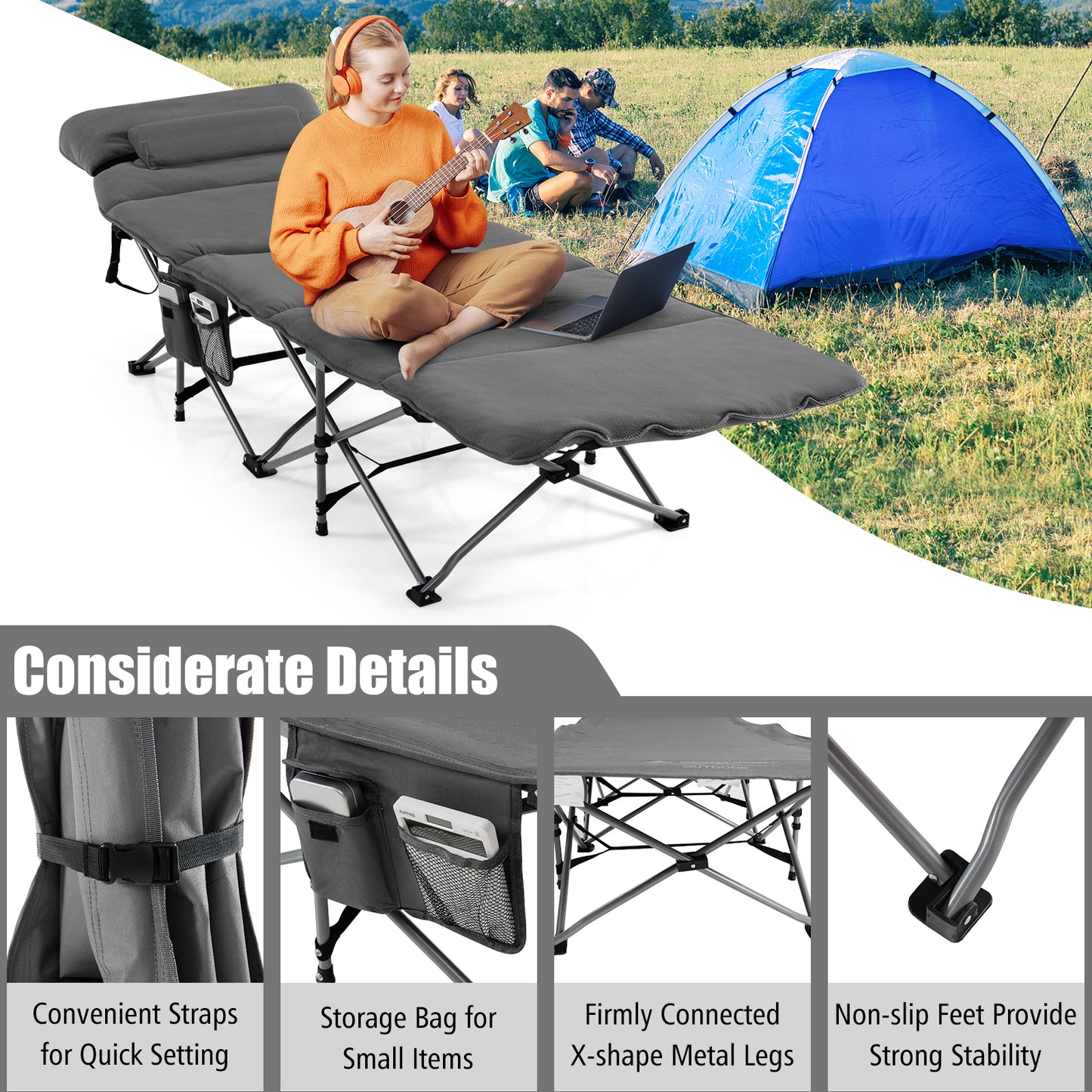 Folding Travel Camping Cot with Carry Bag Removable Mattress and Pillow