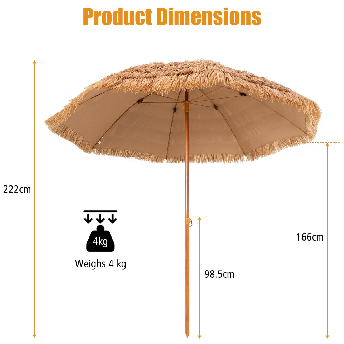 8 FT Thatched Tiki Umbrella with 8 Metal Ribs & 7-Tier Straw Top