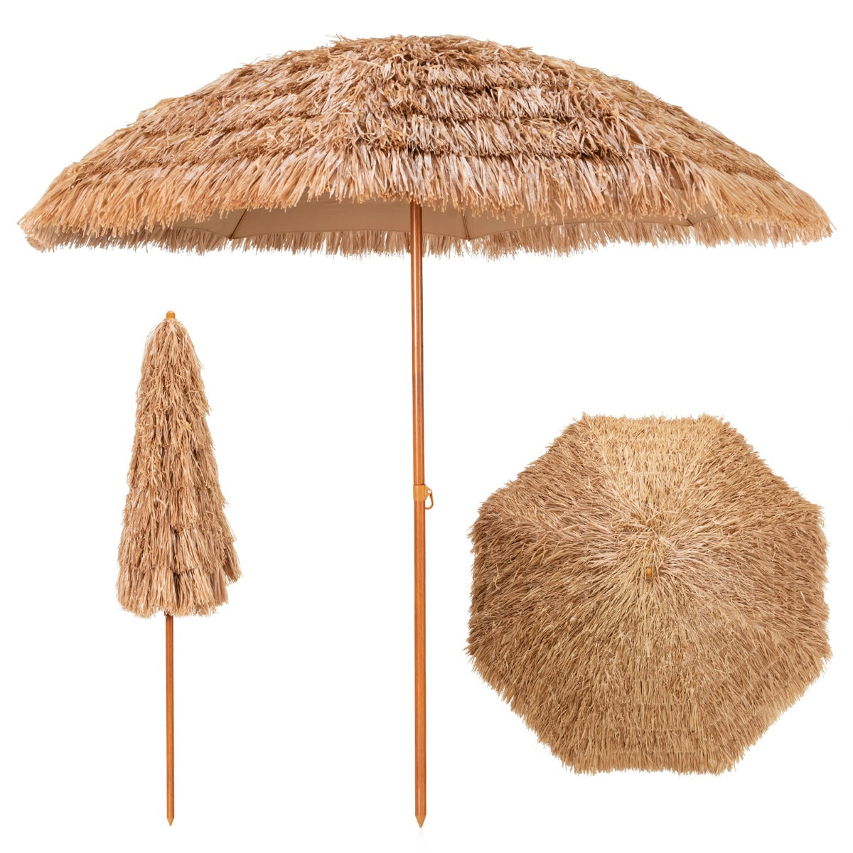 8 FT Thatched Tiki Umbrella with 8 Metal Ribs & 7-Tier Straw Top