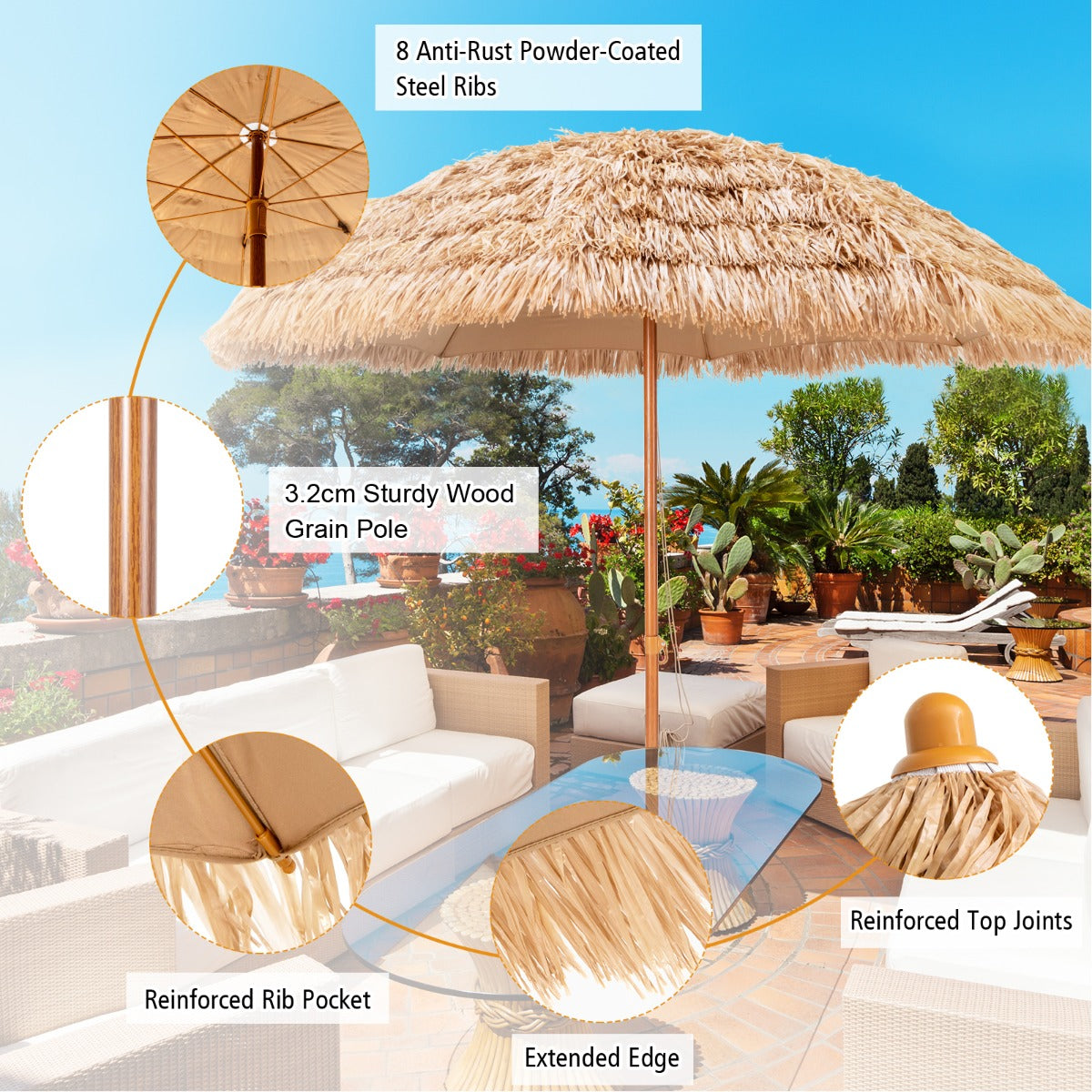 8 FT Thatched Tiki Umbrella with 8 Metal Ribs & 7-Tier Straw Top