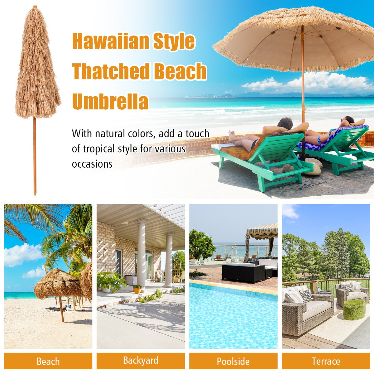 8 FT Thatched Tiki Umbrella with 8 Metal Ribs & 7-Tier Straw Top