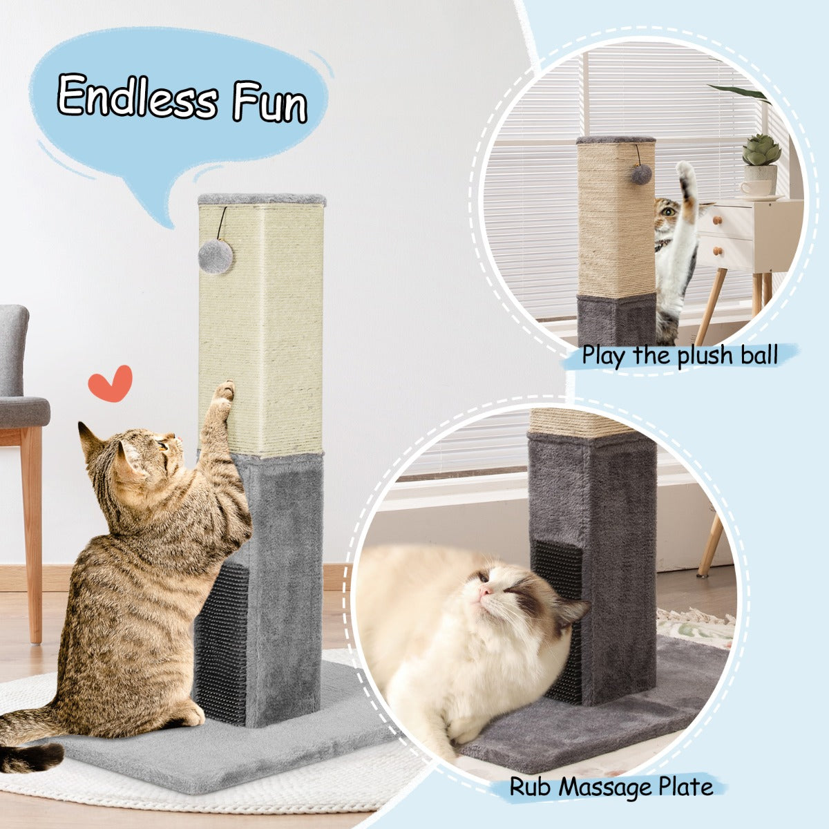 79cm Tall Cat Scratching Post with Balls Massage Brush and Carpet Base