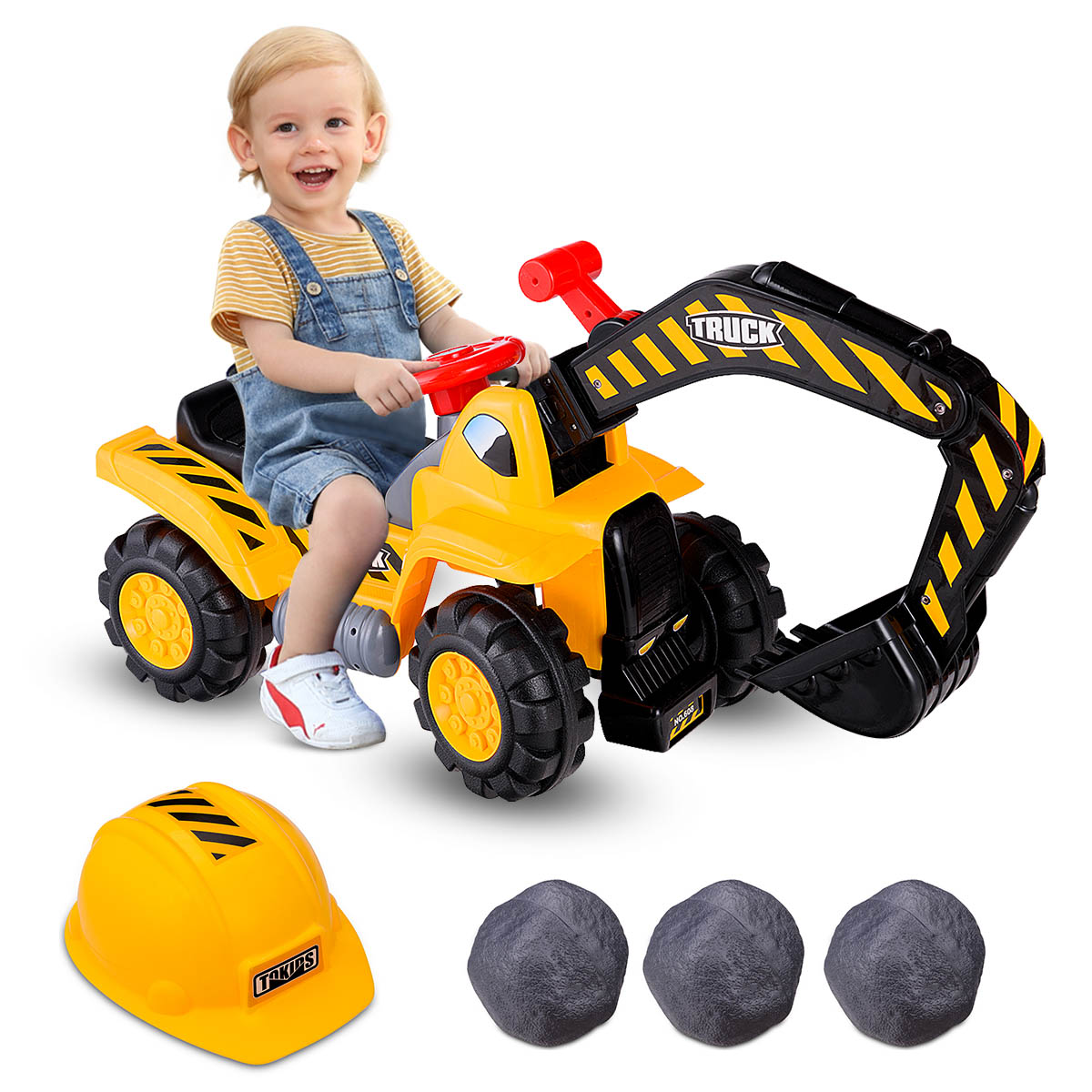 Kids Excavator Ride On Digger Toy with Safety Helmet