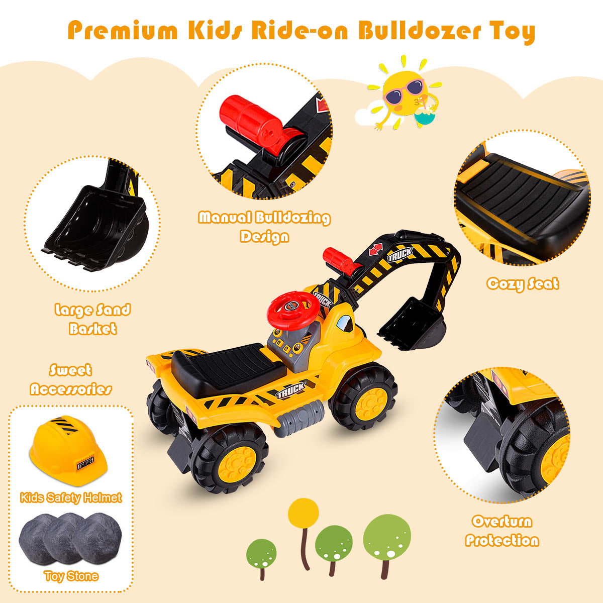 Kids Excavator Ride On Digger Toy with Safety Helmet