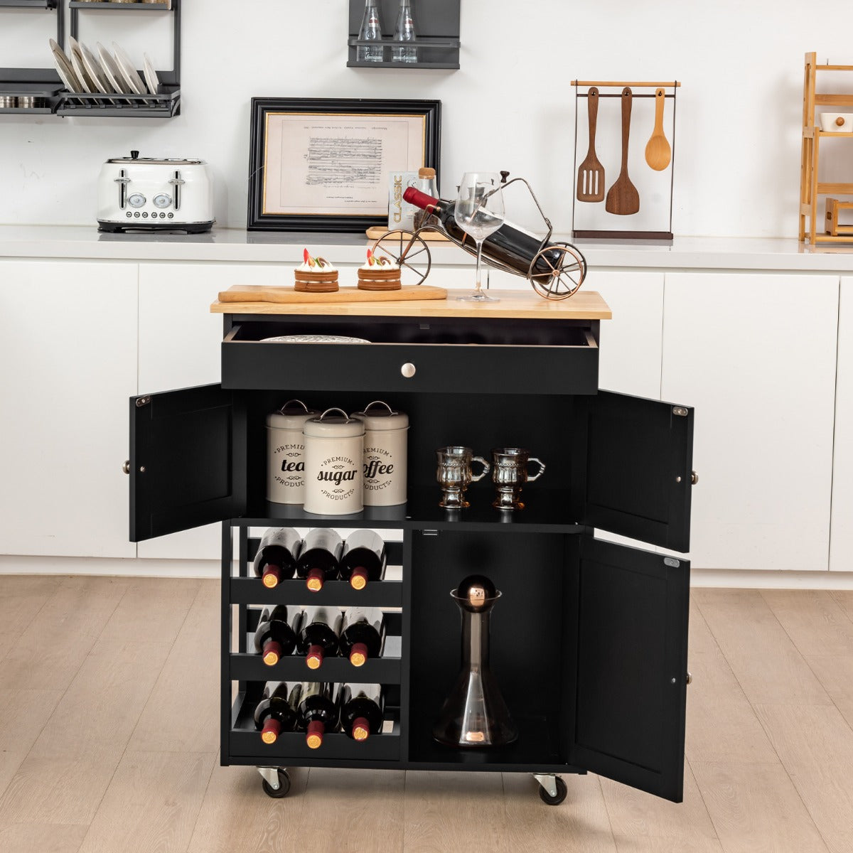 Rolling Kitchen Cart with 3 Tier Wine Racks and Cupboards