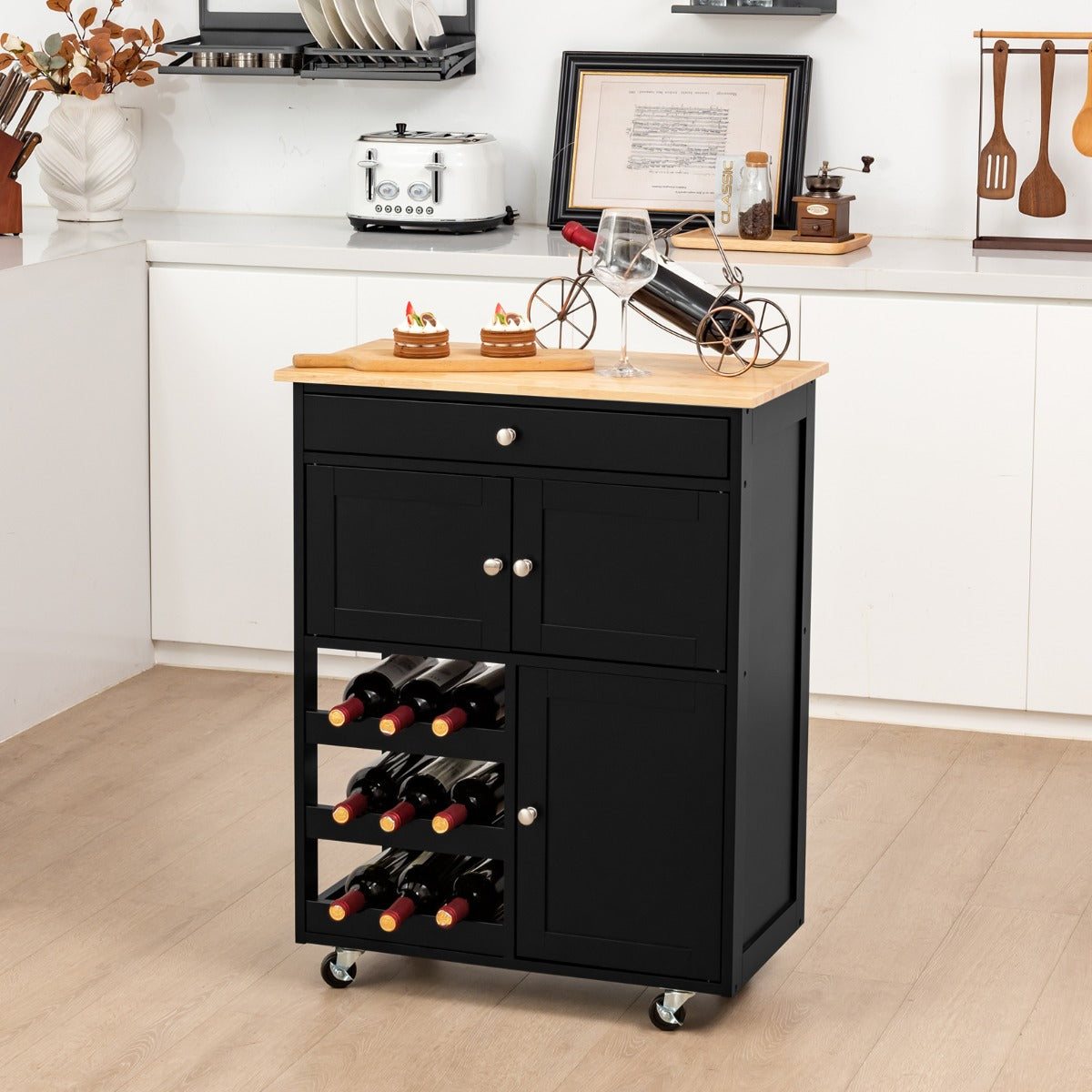 Rolling Kitchen Cart with 3 Tier Wine Racks and Cupboards