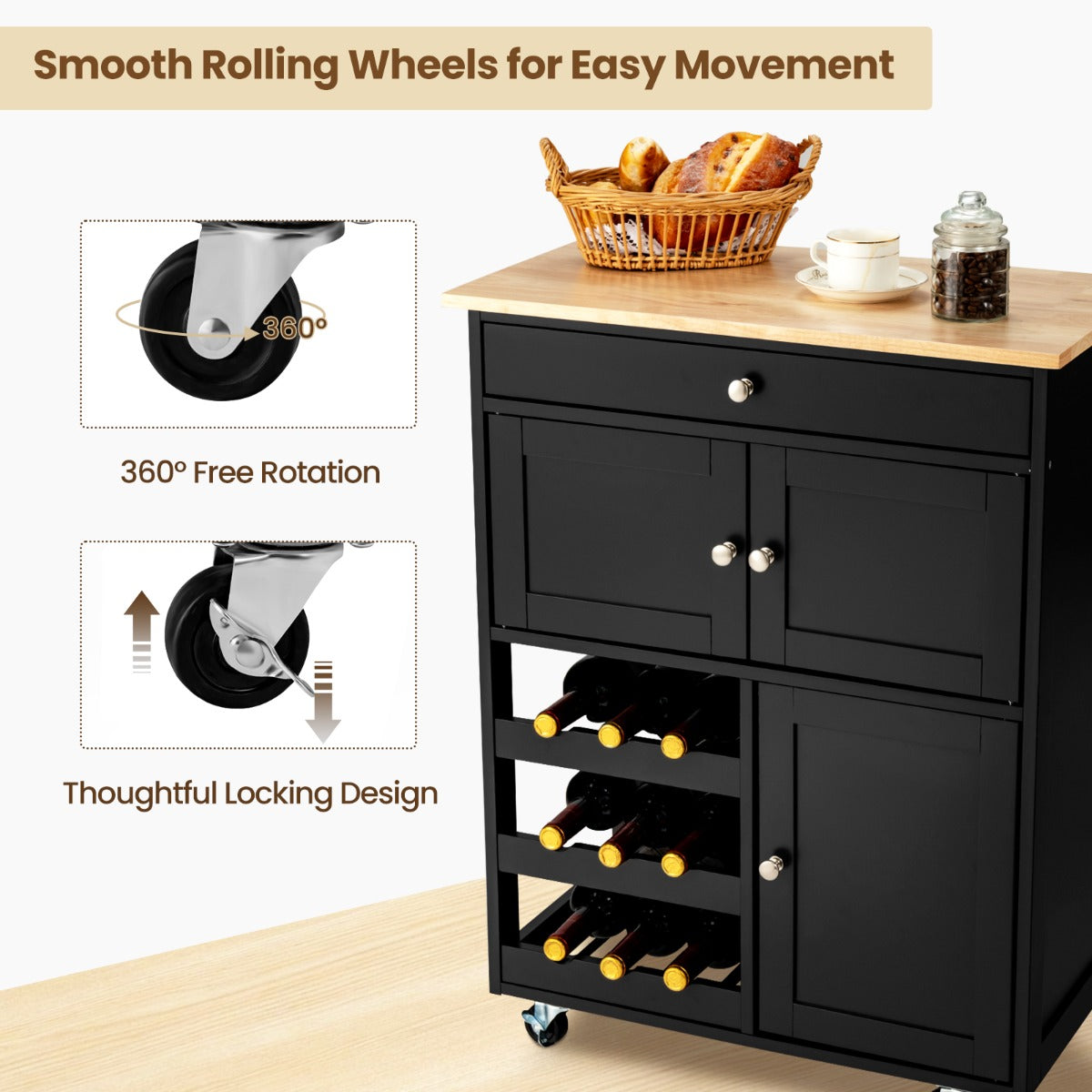 Rolling Kitchen Cart with 3 Tier Wine Racks and Cupboards