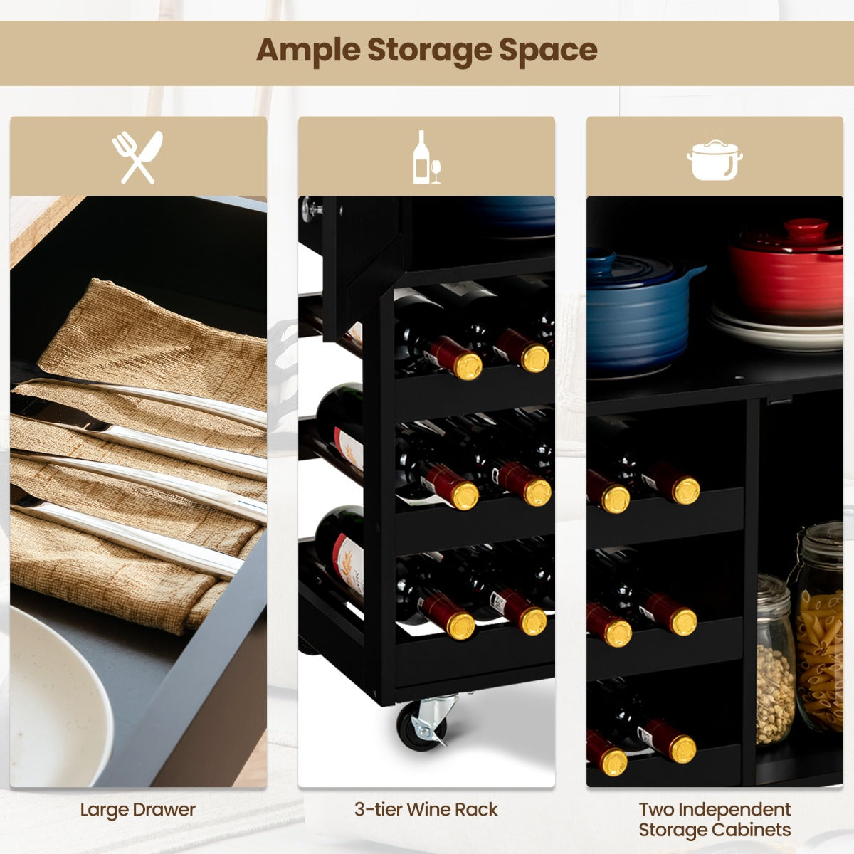 Rolling Kitchen Cart with 3 Tier Wine Racks and Cupboards