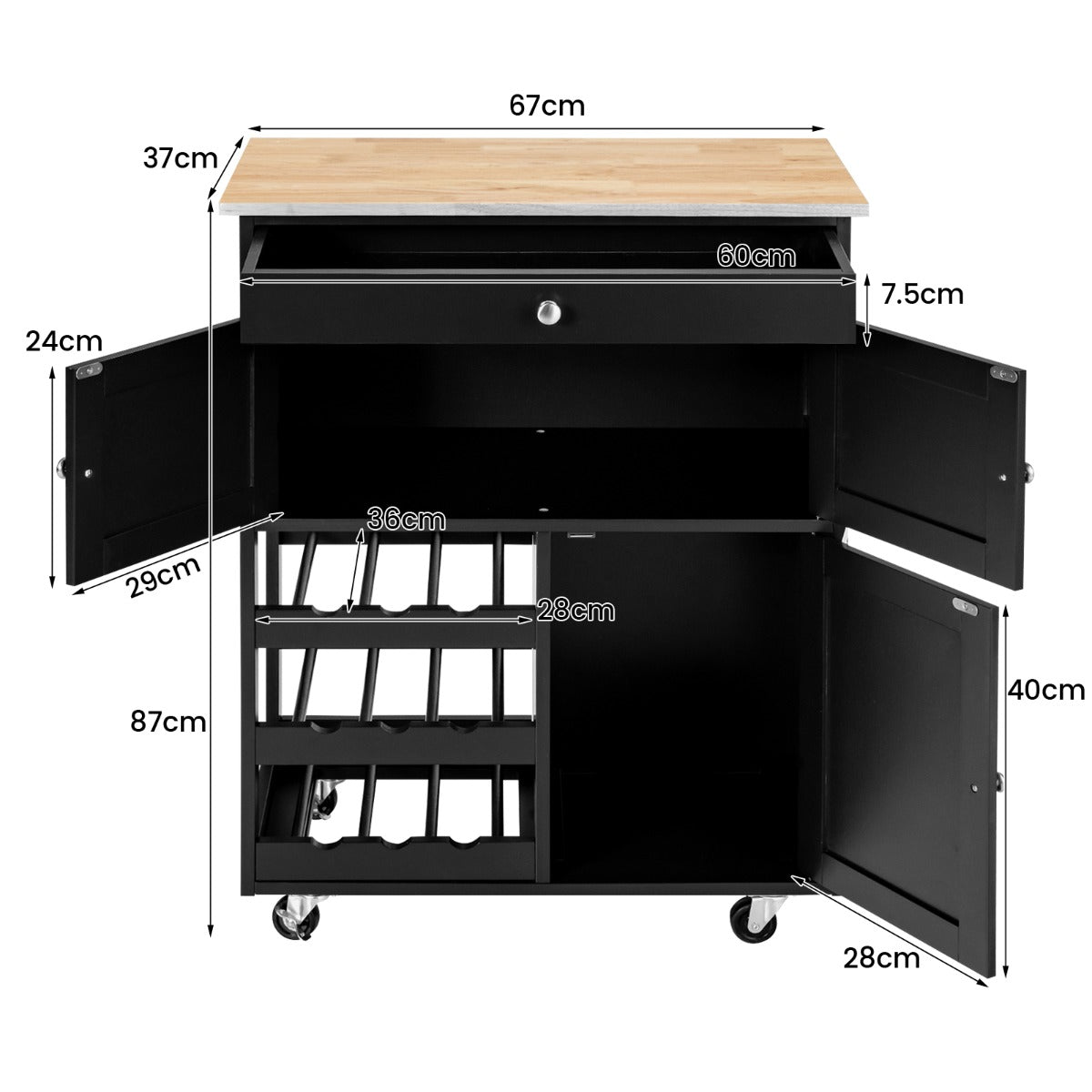 Rolling Kitchen Cart with 3 Tier Wine Racks and Cupboards