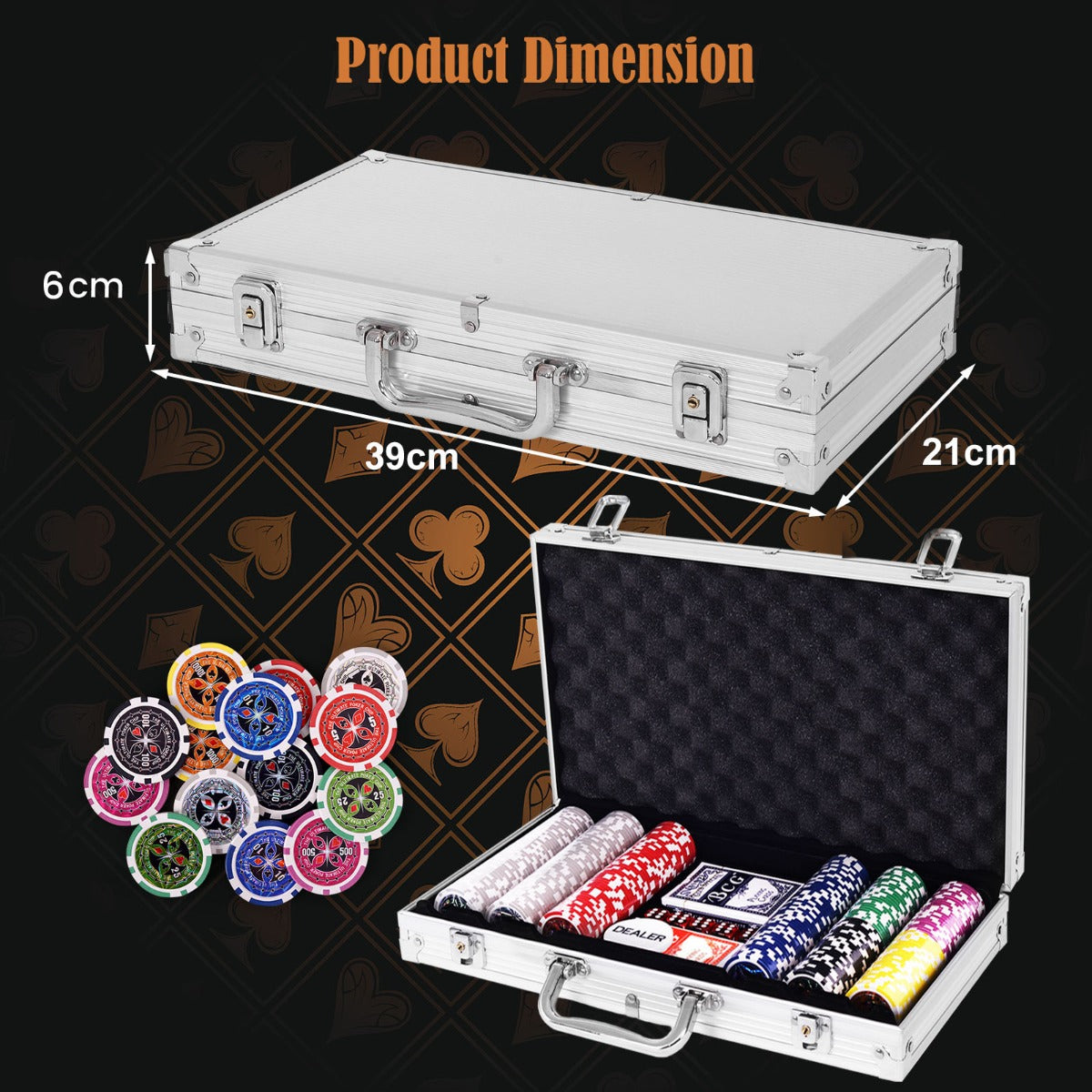 300 Pieces Casino Poker Chip Set with Aluminum Case for Party Game