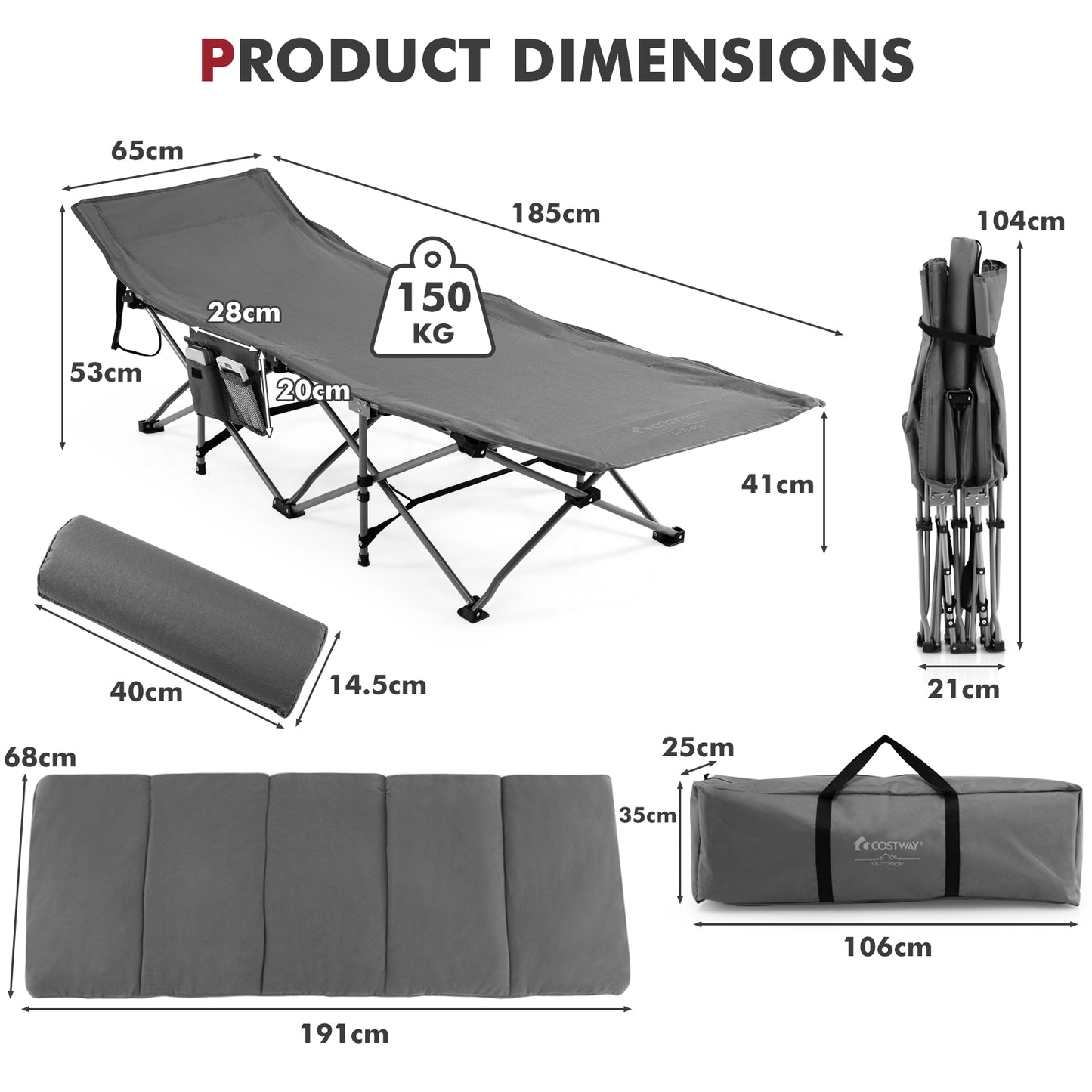 Folding Travel Camping Cot with Carry Bag Removable Mattress and Pillow