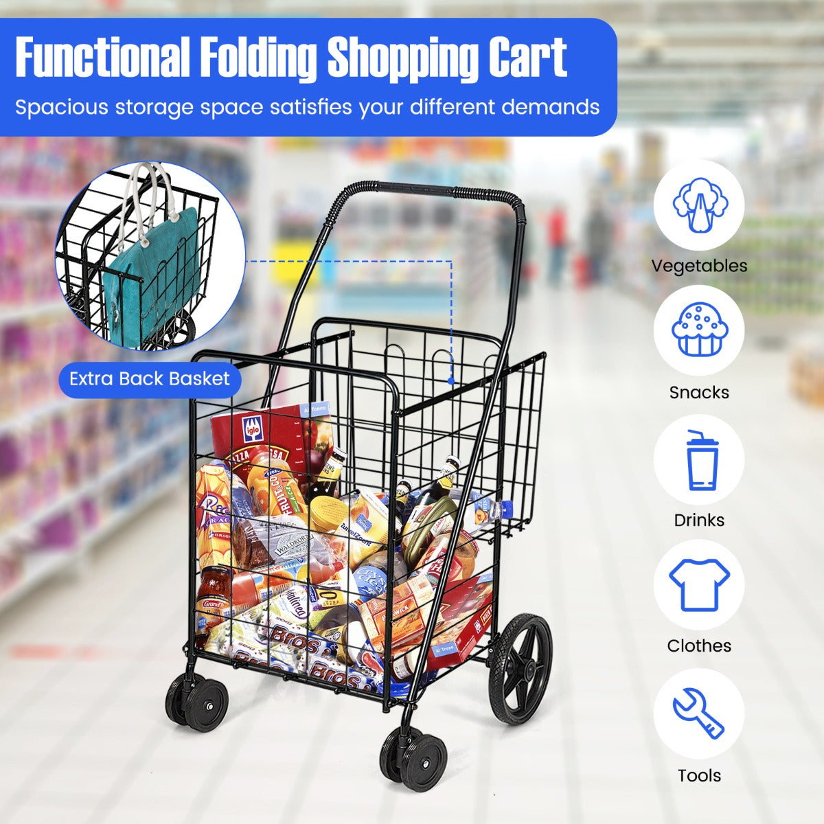 Rolling Metal Utility Cart with Additional Back Basket for Kitchen/Shopping