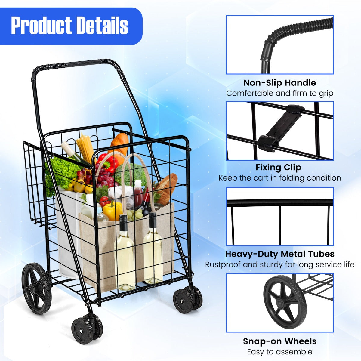 Rolling Metal Utility Cart with Additional Back Basket for Kitchen/Shopping