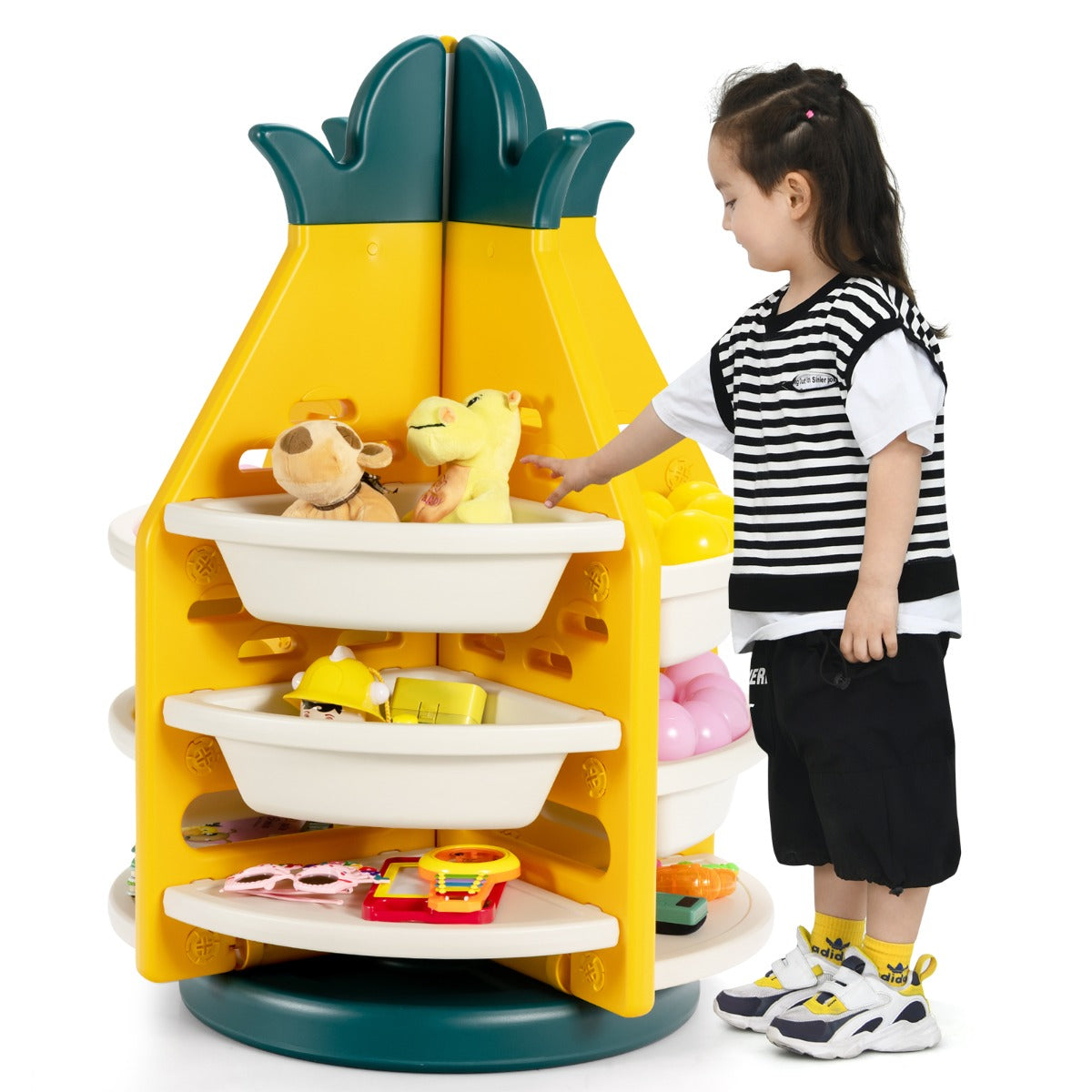 360° Revolving Pineapple Shelf with Plastic Bins for Kids