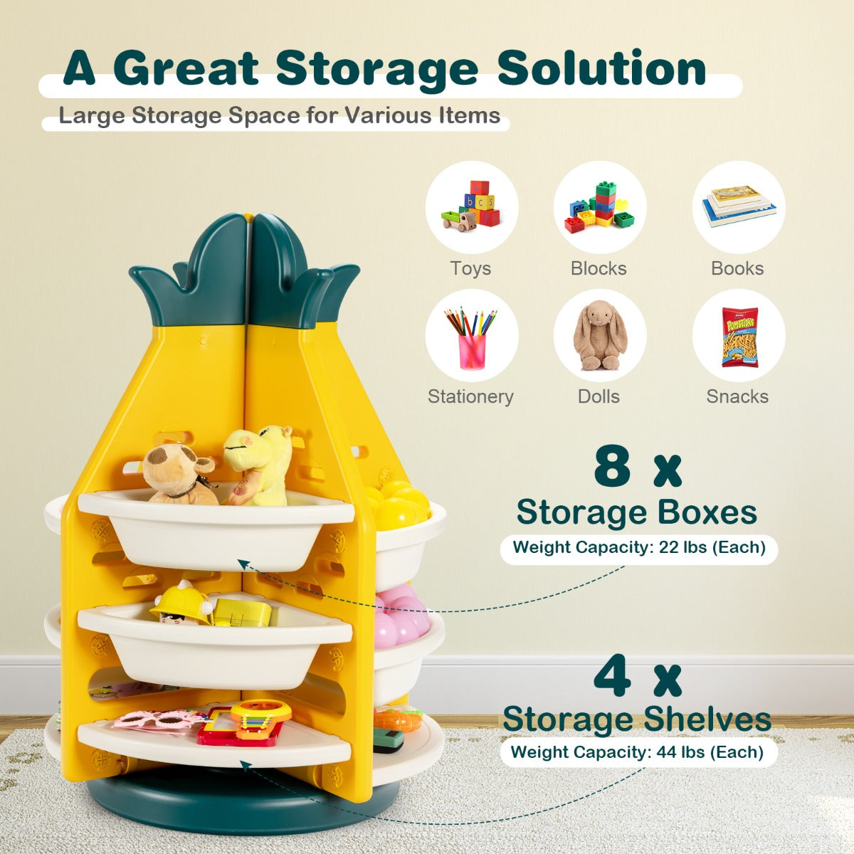 360° Revolving Pineapple Shelf with Plastic Bins for Kids