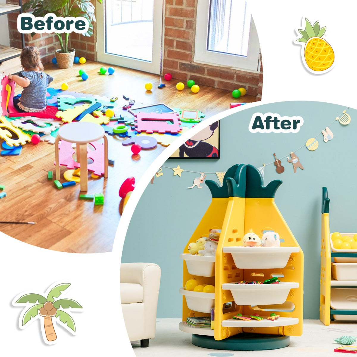 360° Revolving Pineapple Shelf with Plastic Bins for Kids