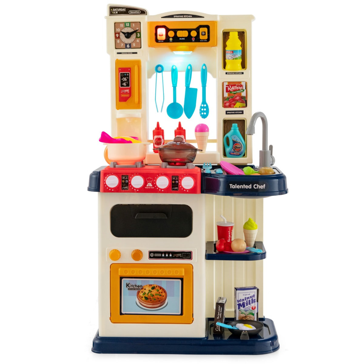 Kids Play Kitchen Set with 65 Pieces Accessories & Pretend Steam