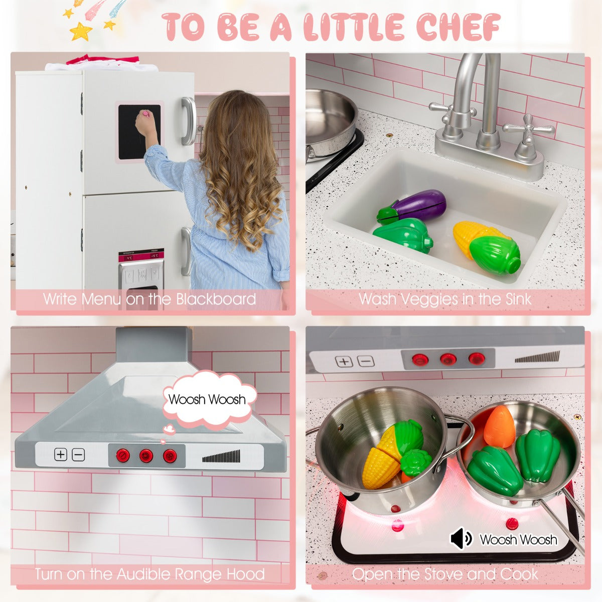 Kids Kitchen Pretend Play Set with Cookware & Apron