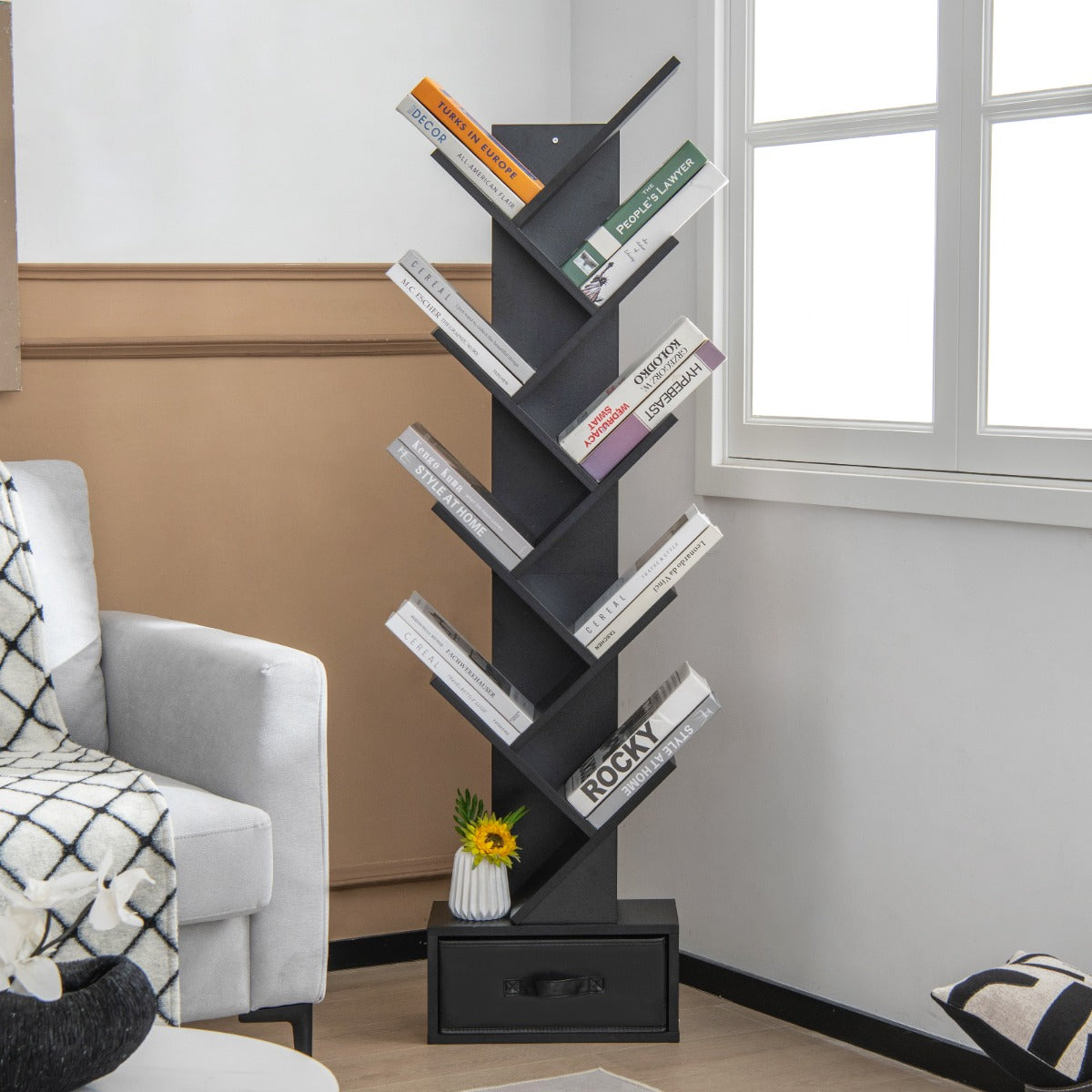 10-Tier Tree Bookcase with Drawer for Storage