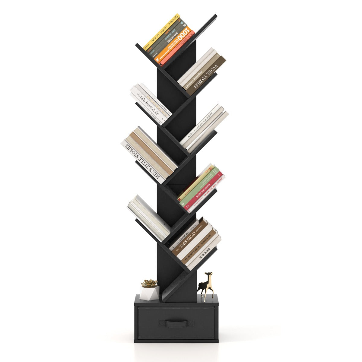 10-Tier Tree Bookcase with Drawer for Storage