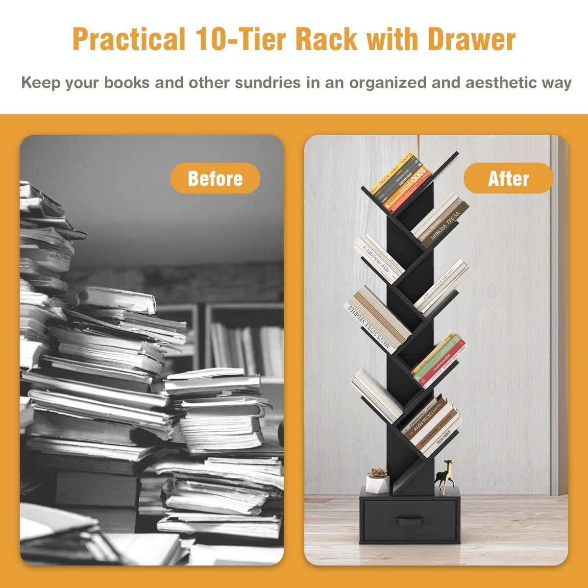 10-Tier Tree Bookcase with Drawer for Storage