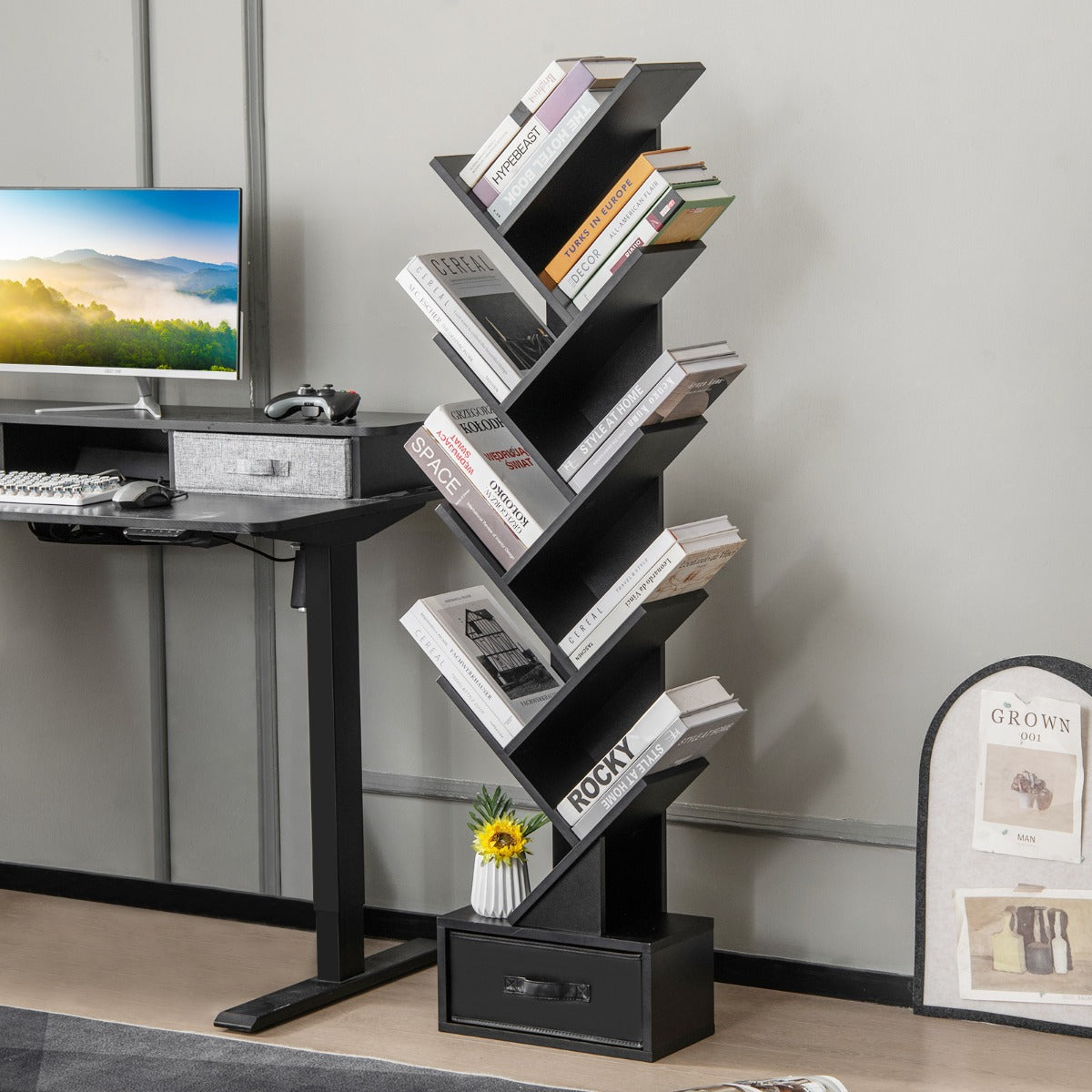 10-Tier Tree Bookcase with Drawer for Storage