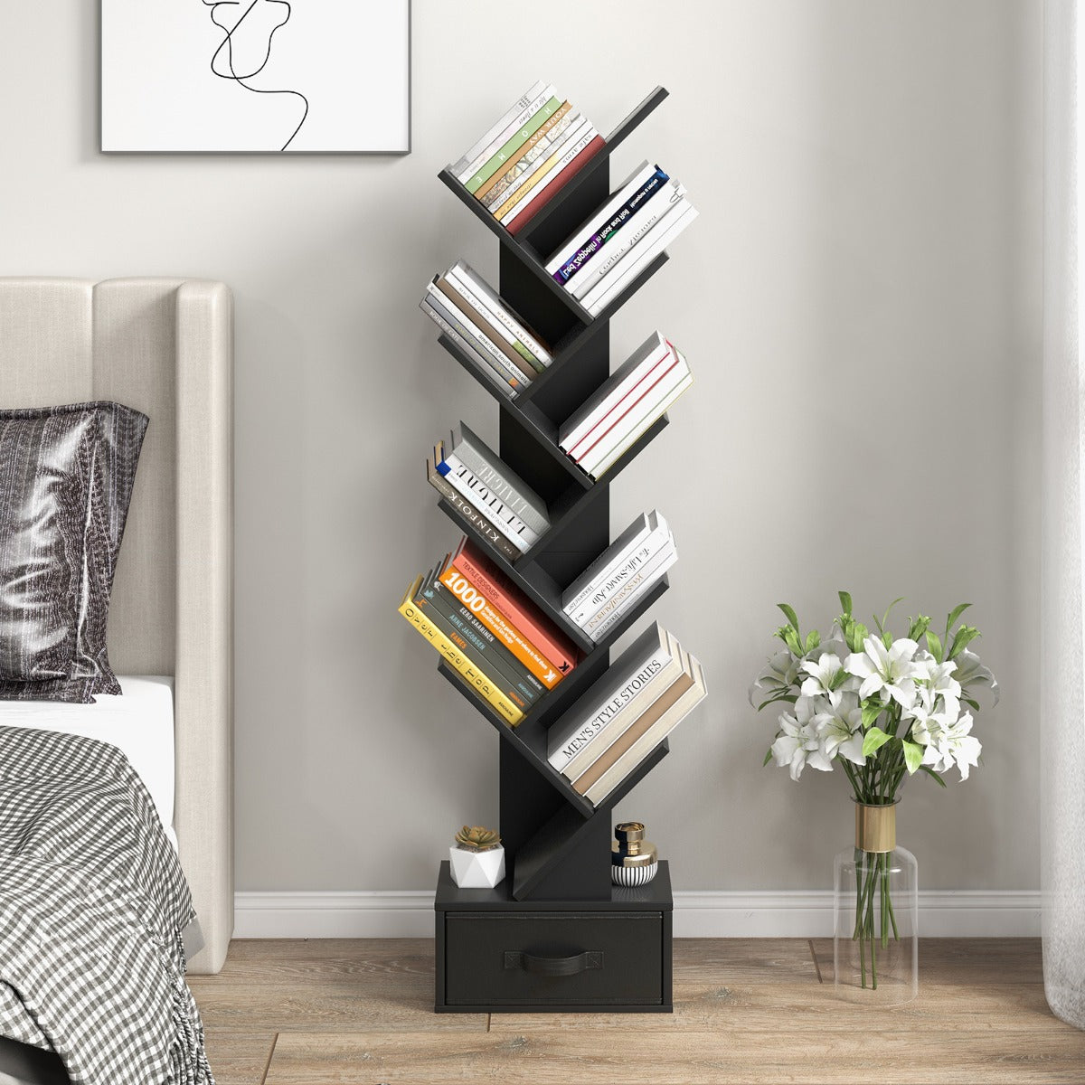 10-Tier Tree Bookcase with Drawer for Storage