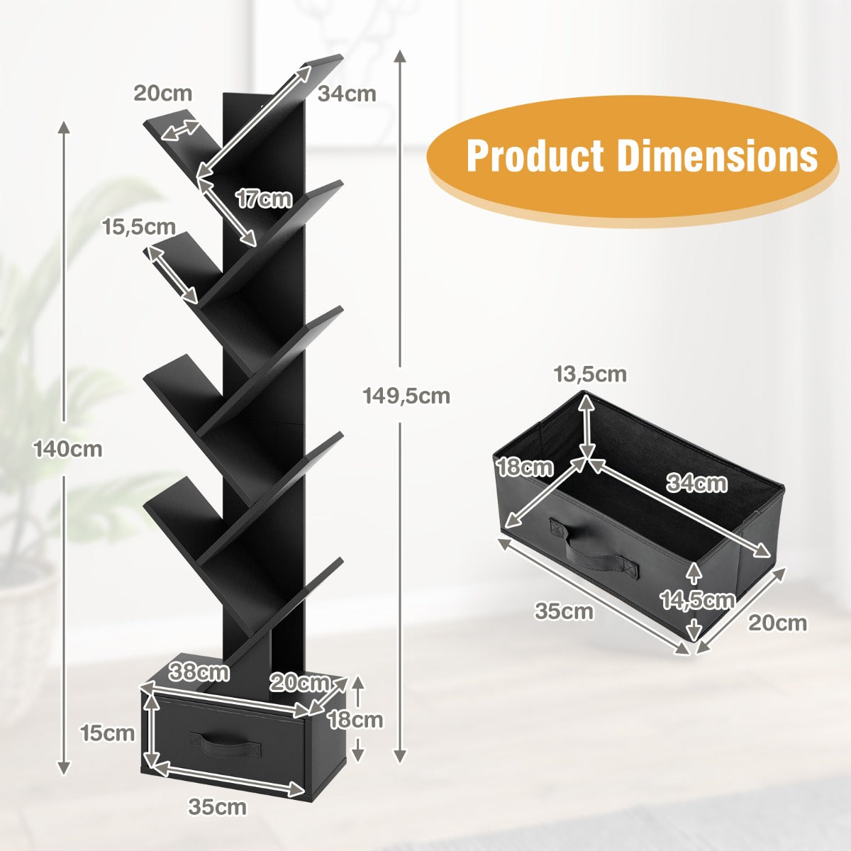 10-Tier Tree Bookcase with Drawer for Storage