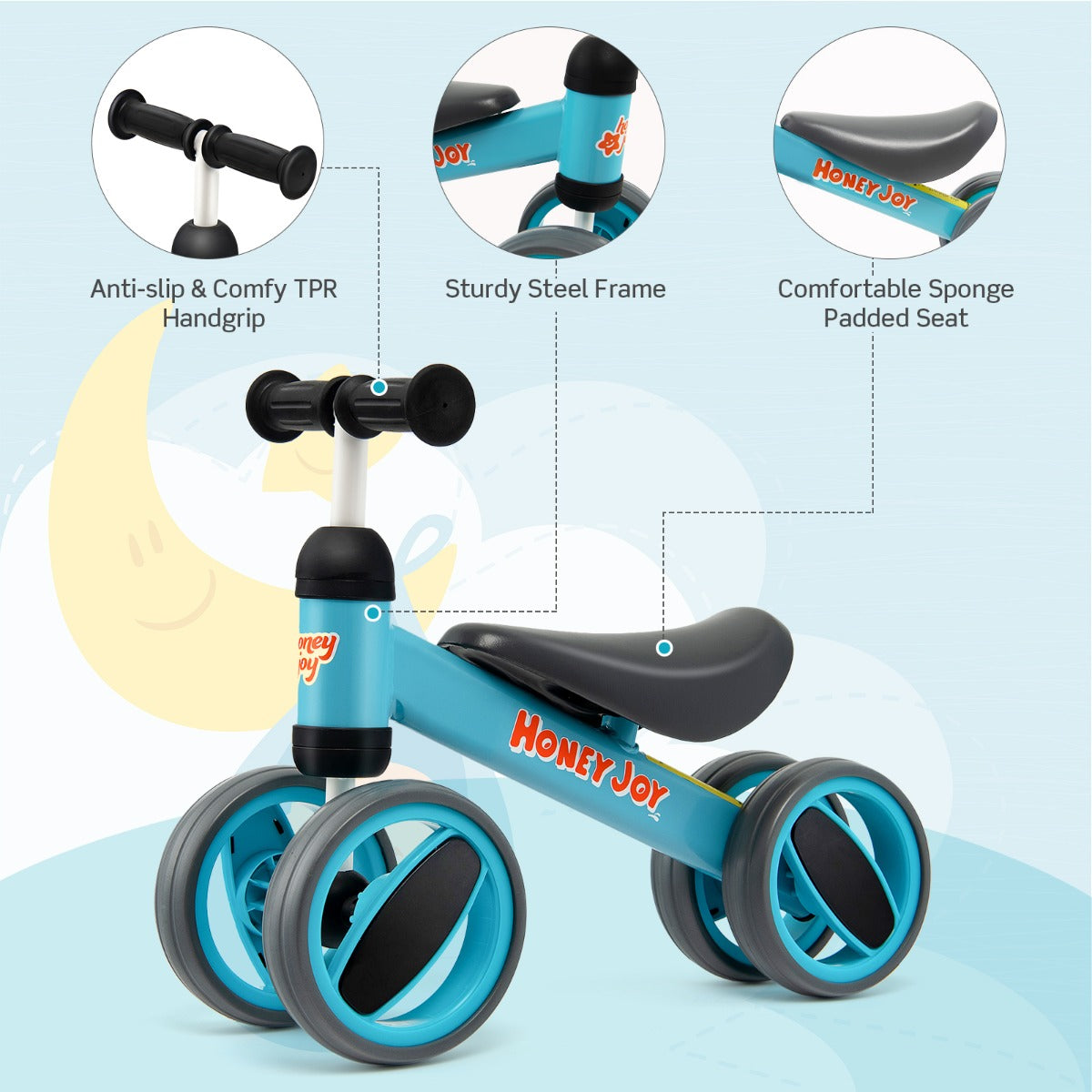 Baby Balance Bike with 4 Wheels & Limited Steering for 1-2 Years Old