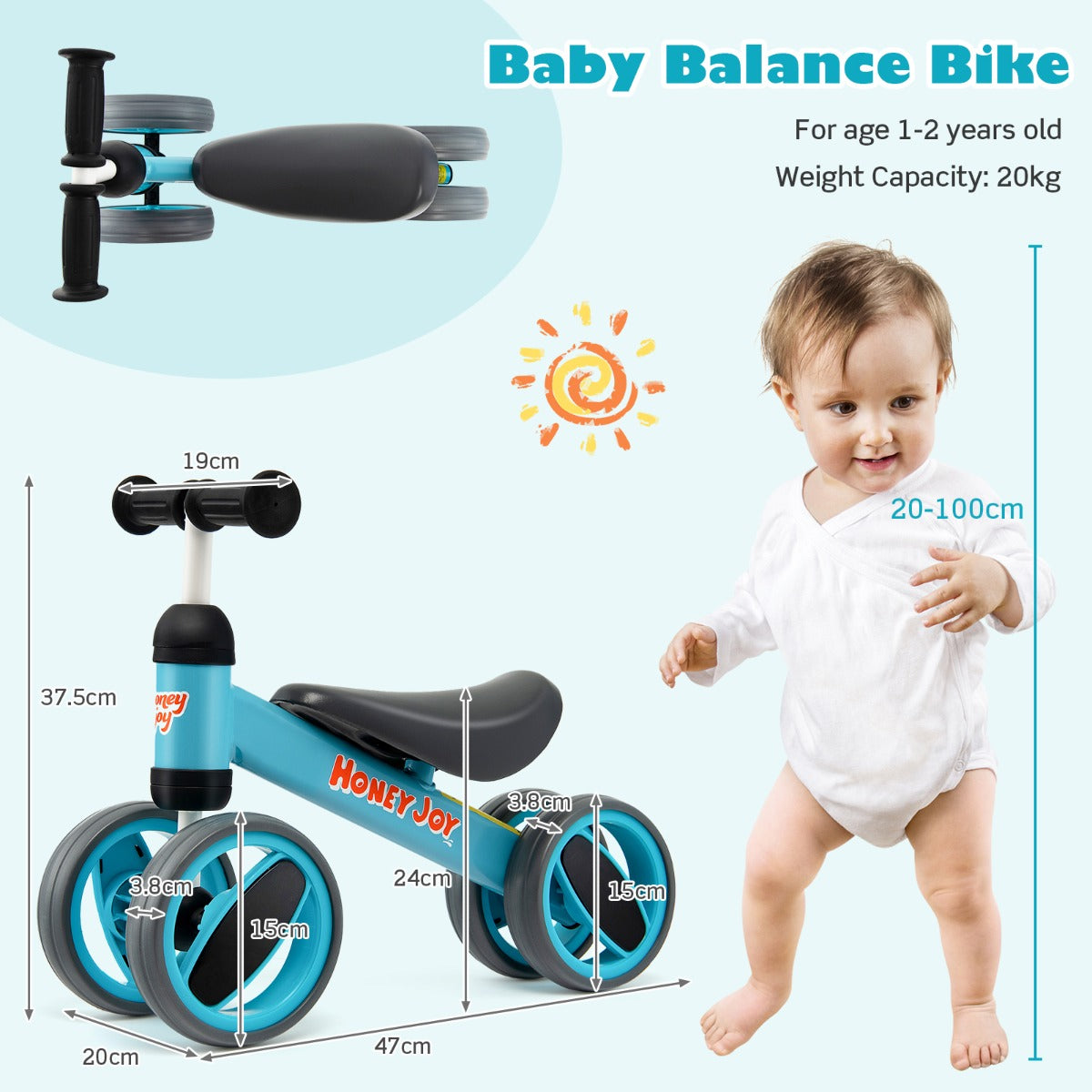 Baby Balance Bike with 4 Wheels & Limited Steering for 1-2 Years Old