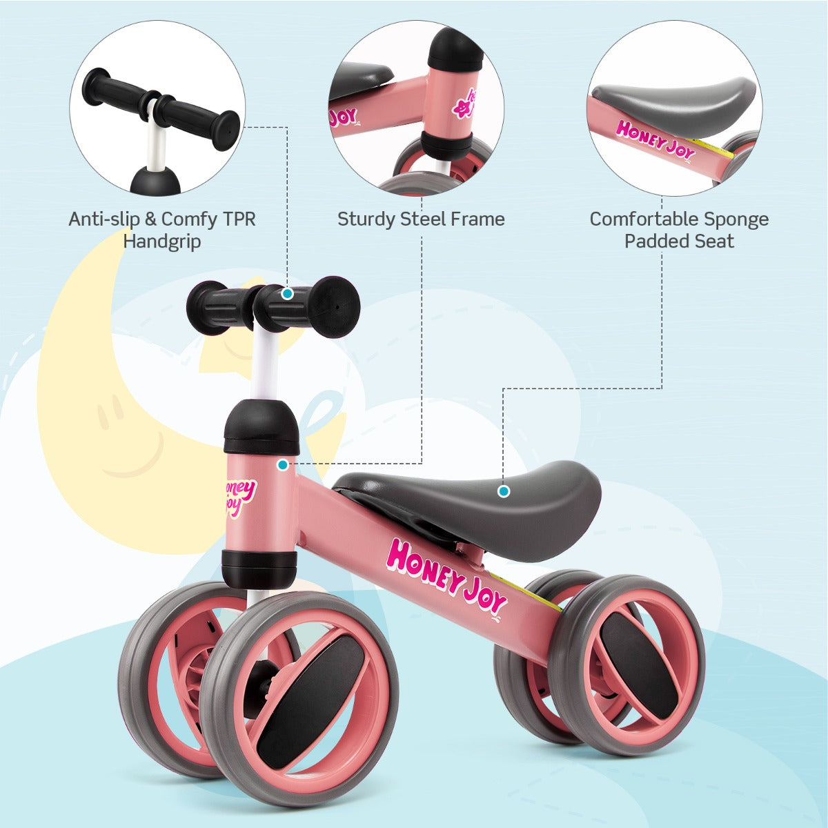 Baby Balance Bike with 4 Wheels & Limited Steering for 1-2 Years Old