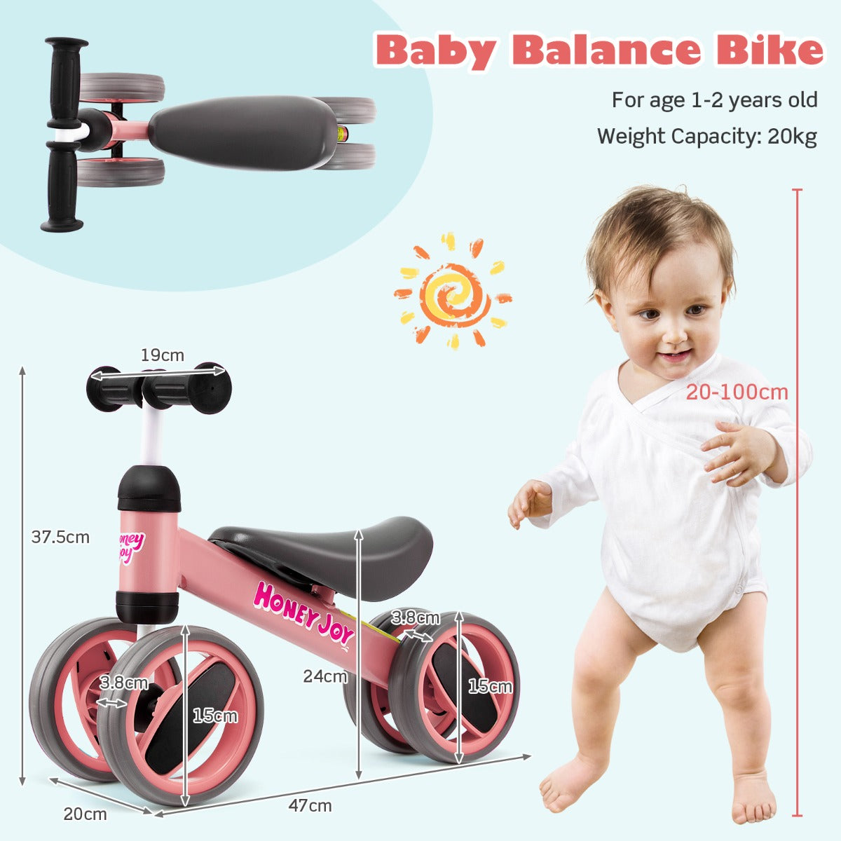 Baby Balance Bike with 4 Wheels & Limited Steering for 1-2 Years Old