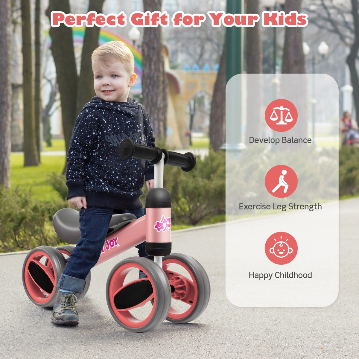 Baby Balance Bike with 4 Wheels & Limited Steering for 1-2 Years Old