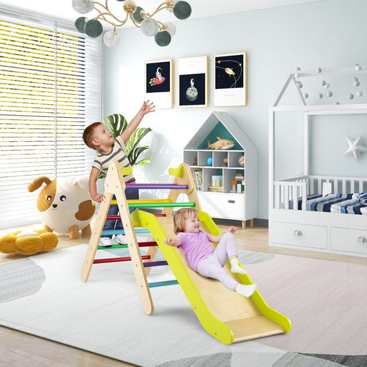 2 in 1 Kids Wooden Climbing Triangle Set with Slide