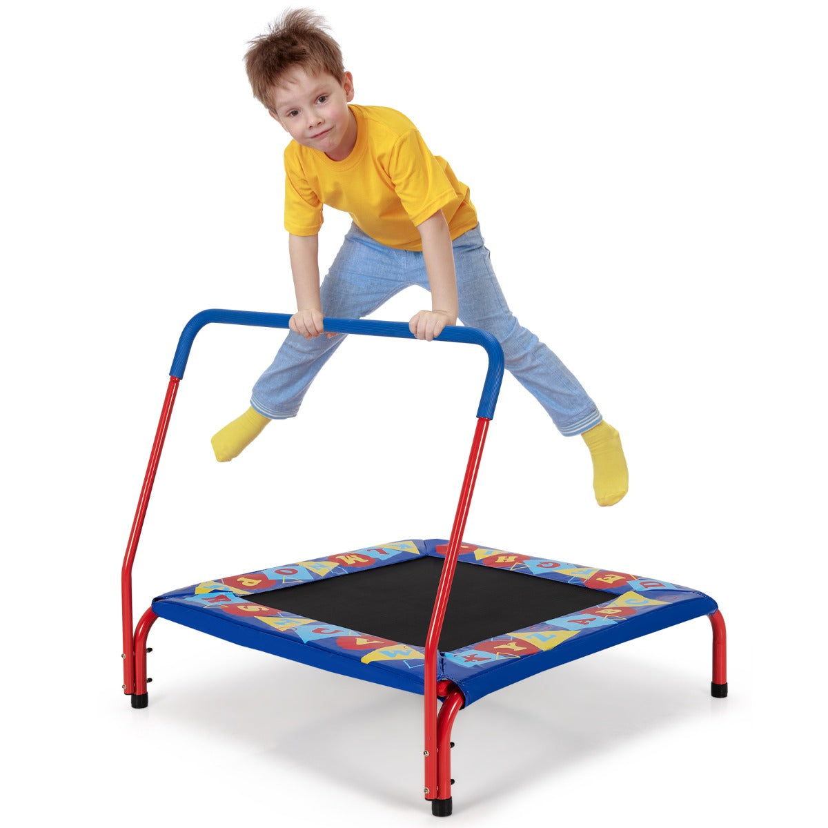 Square Toddler Trampoline with Foam Covered Handle for Kids of 3-7